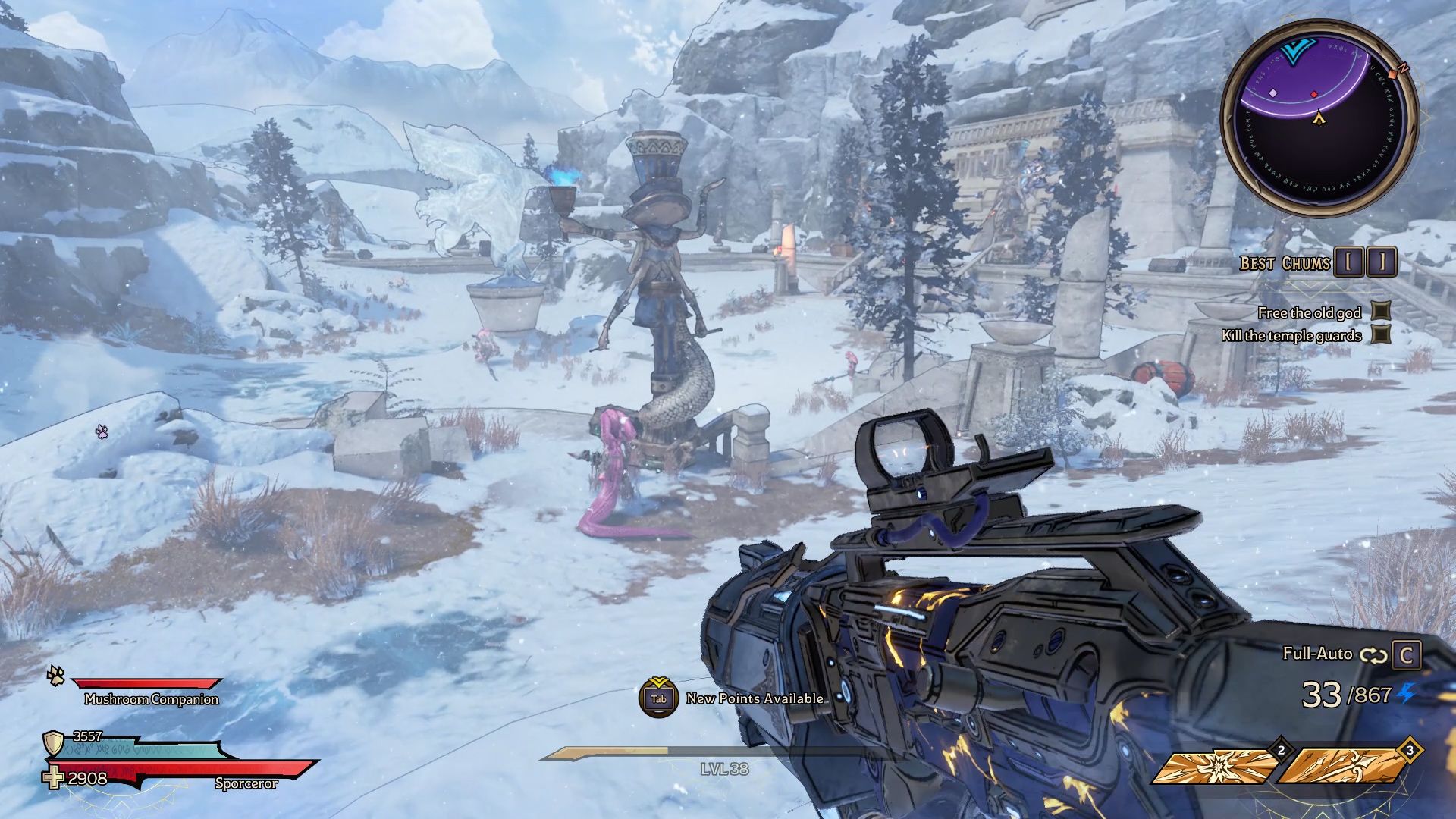 A player looks out on a snowy area filled with ruins and Coiled enemies