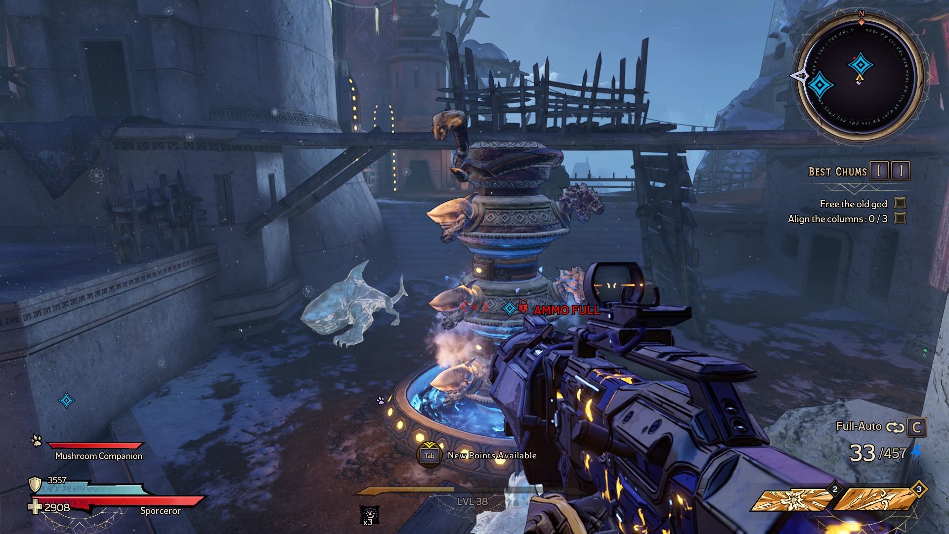 A player aims at a puzzle column with two frozen sharks around it, in a snowy ruins area