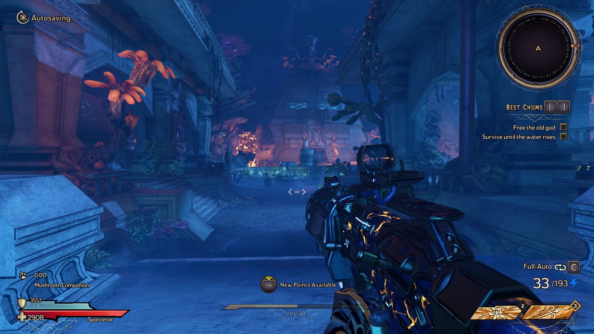 A player looks at a blue, underwater ruins filled with glowing coral and lava
