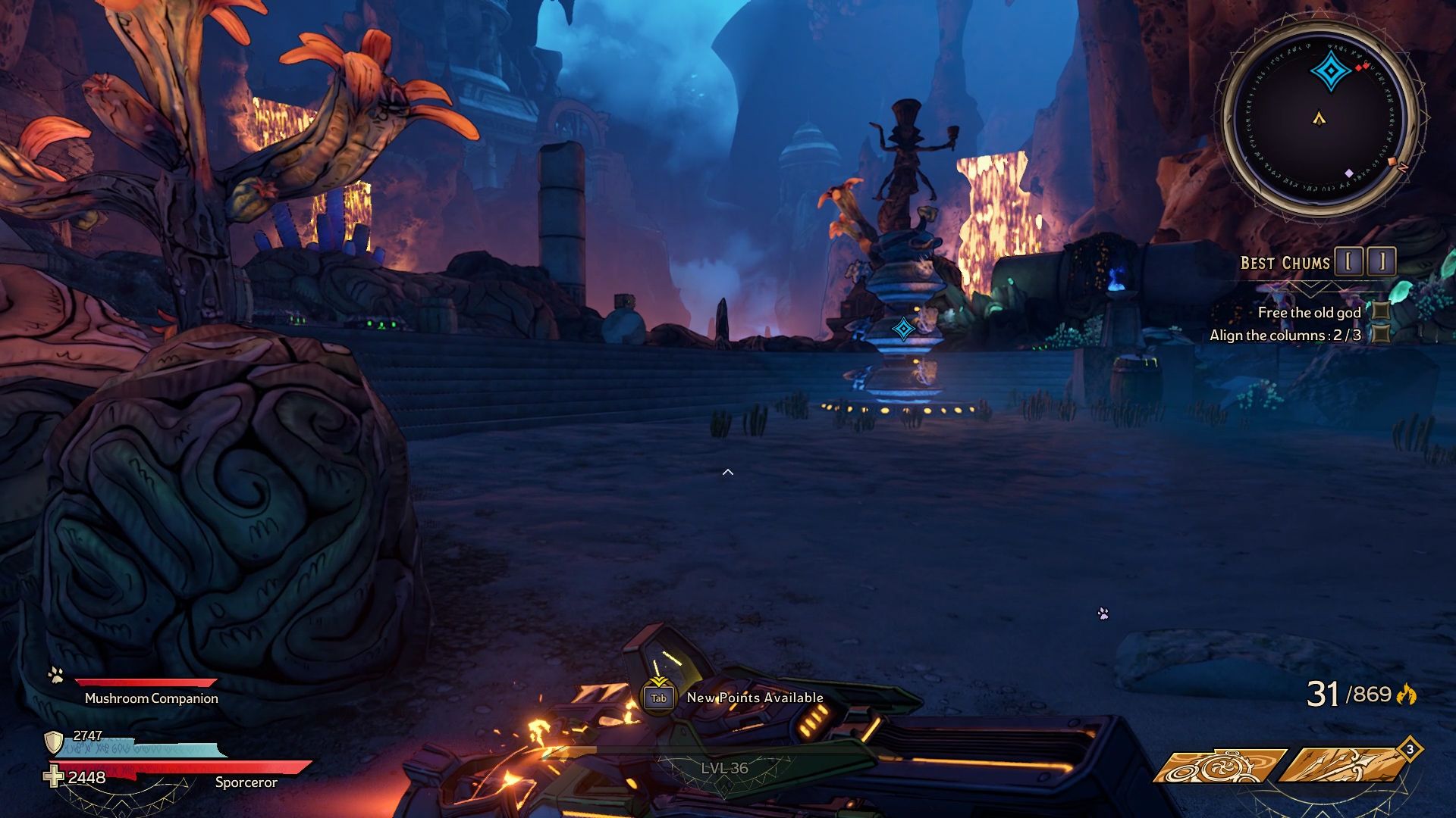 The player looks at a giant puzzle column in an open courtyard area overgrown with coral and waterfalls and lava in the background
