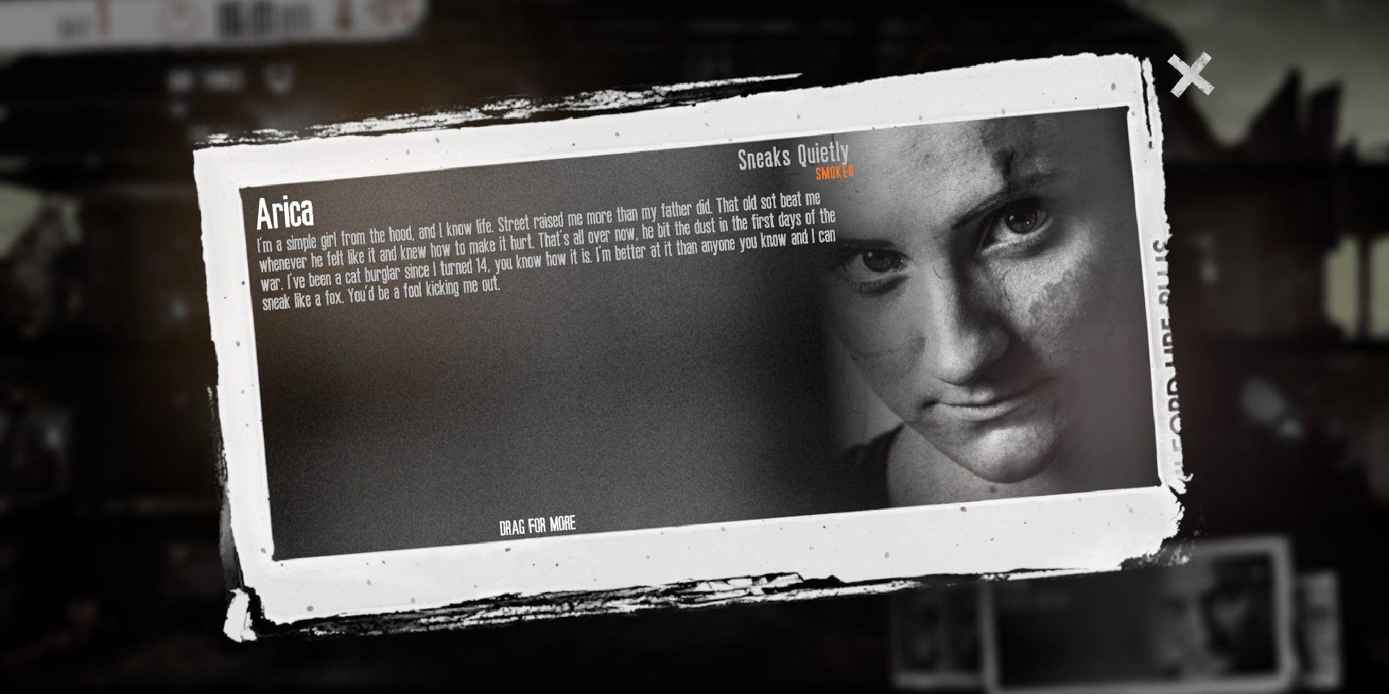 This War Of Mine Arica character bio screen with her looking mischieveous black & white
