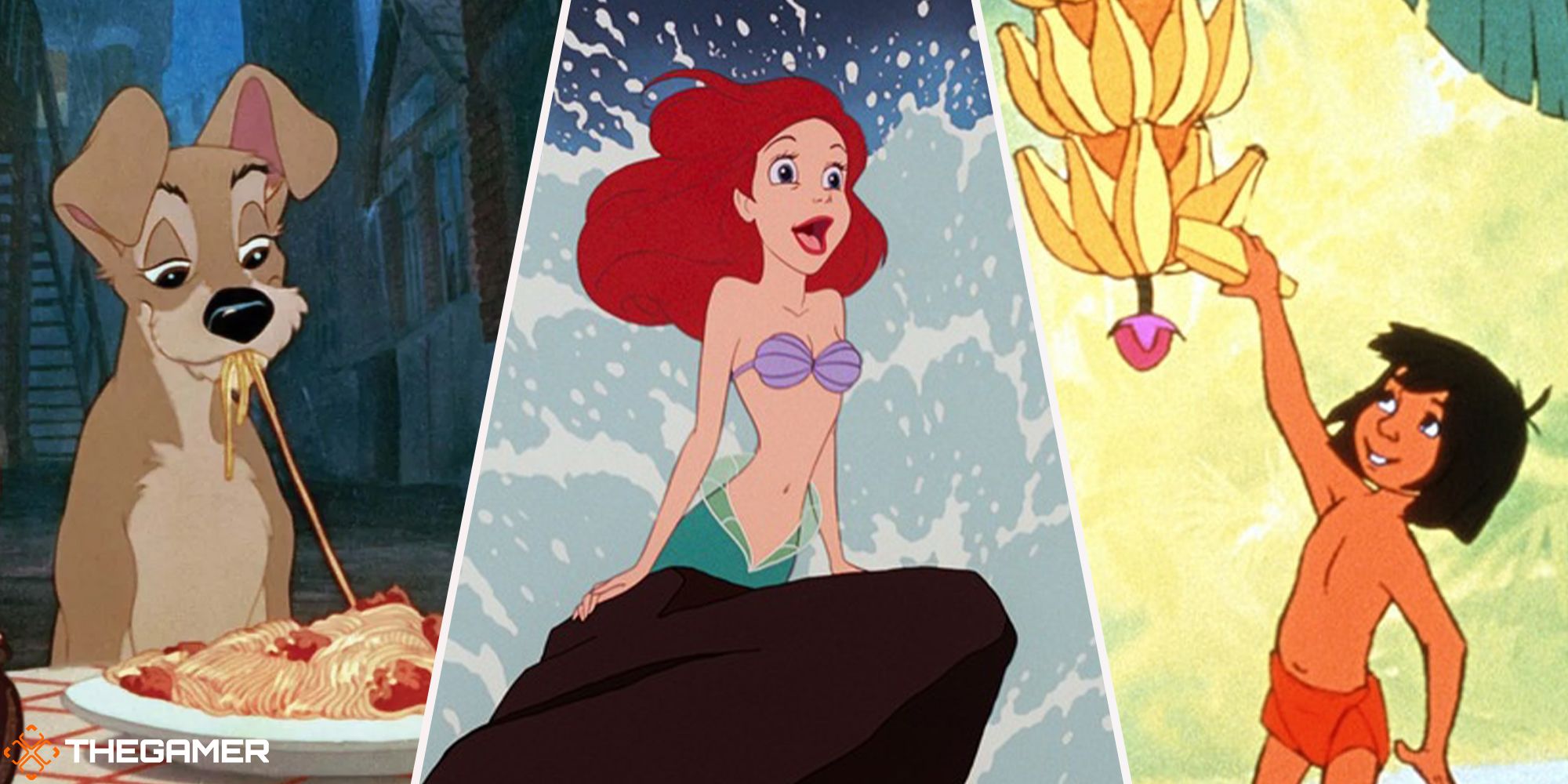 Ariel (little mermaid) in centre, Tramp (lady and the tramp) on left, jungle book on right