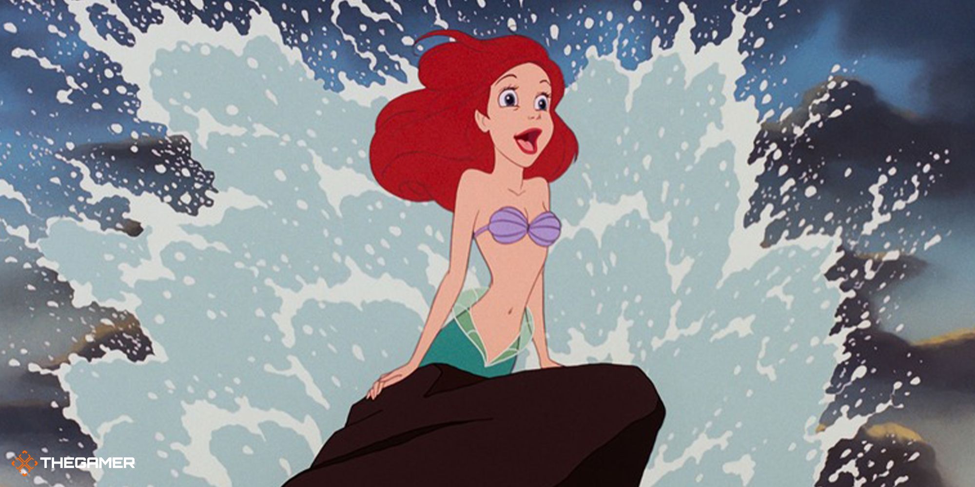 Ariel in the Little Mermaid sitting on rock with wave