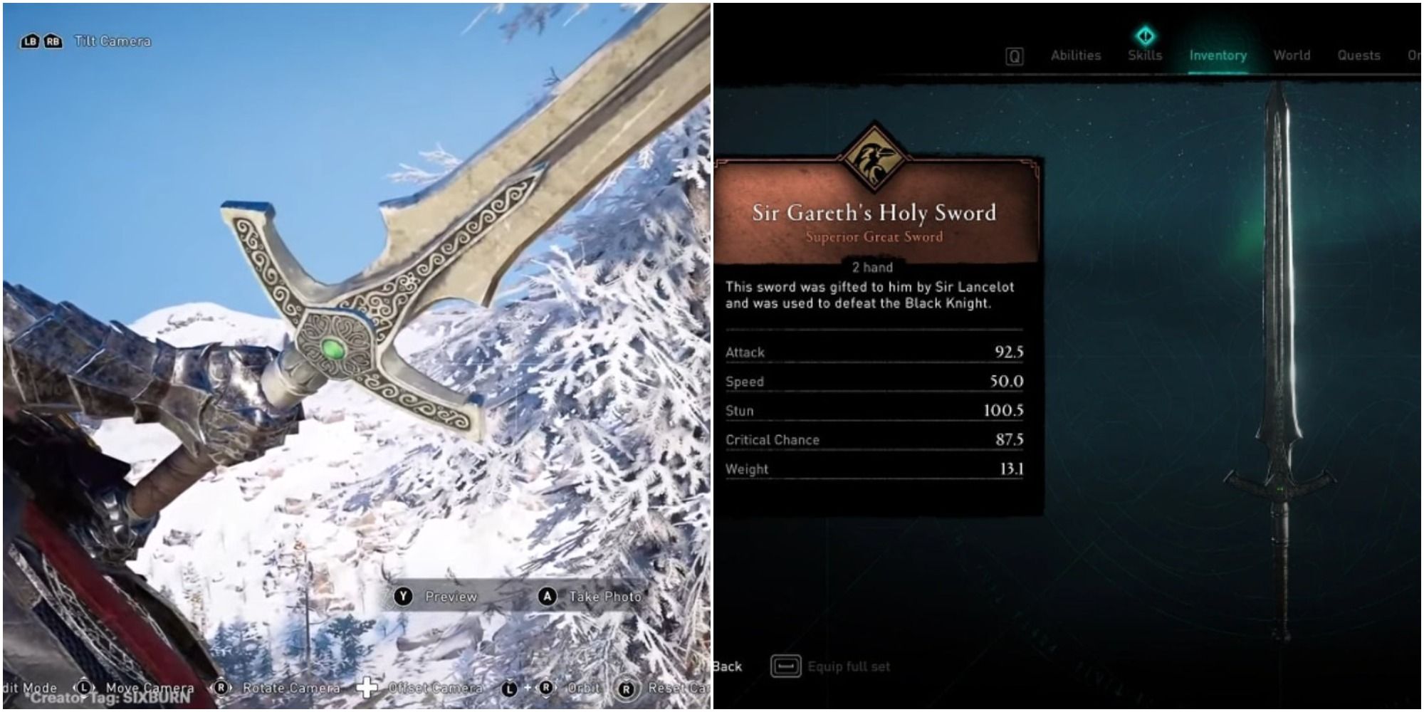split image of Assassin's Creed Valhalla Sir Gareth's Holy Greatsword in action and stats