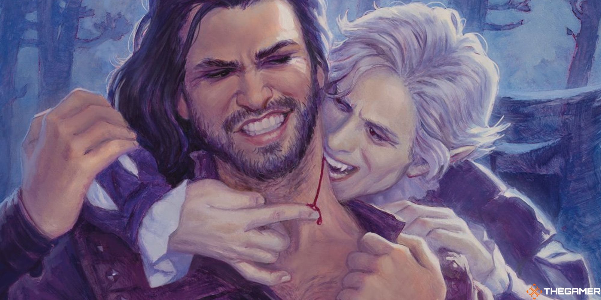 D&D art showing a vampire biting a human male.