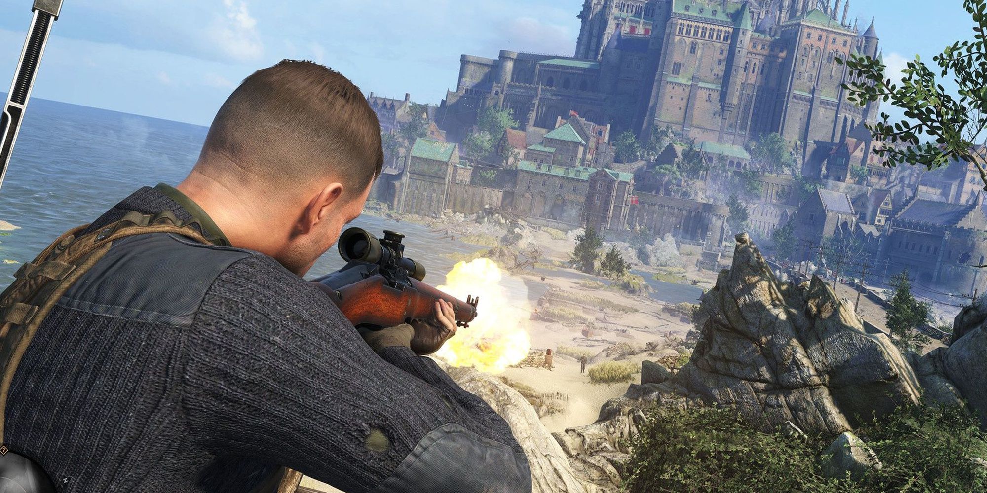 Sniper Elite 5 protagonist aiming down rifle sights.