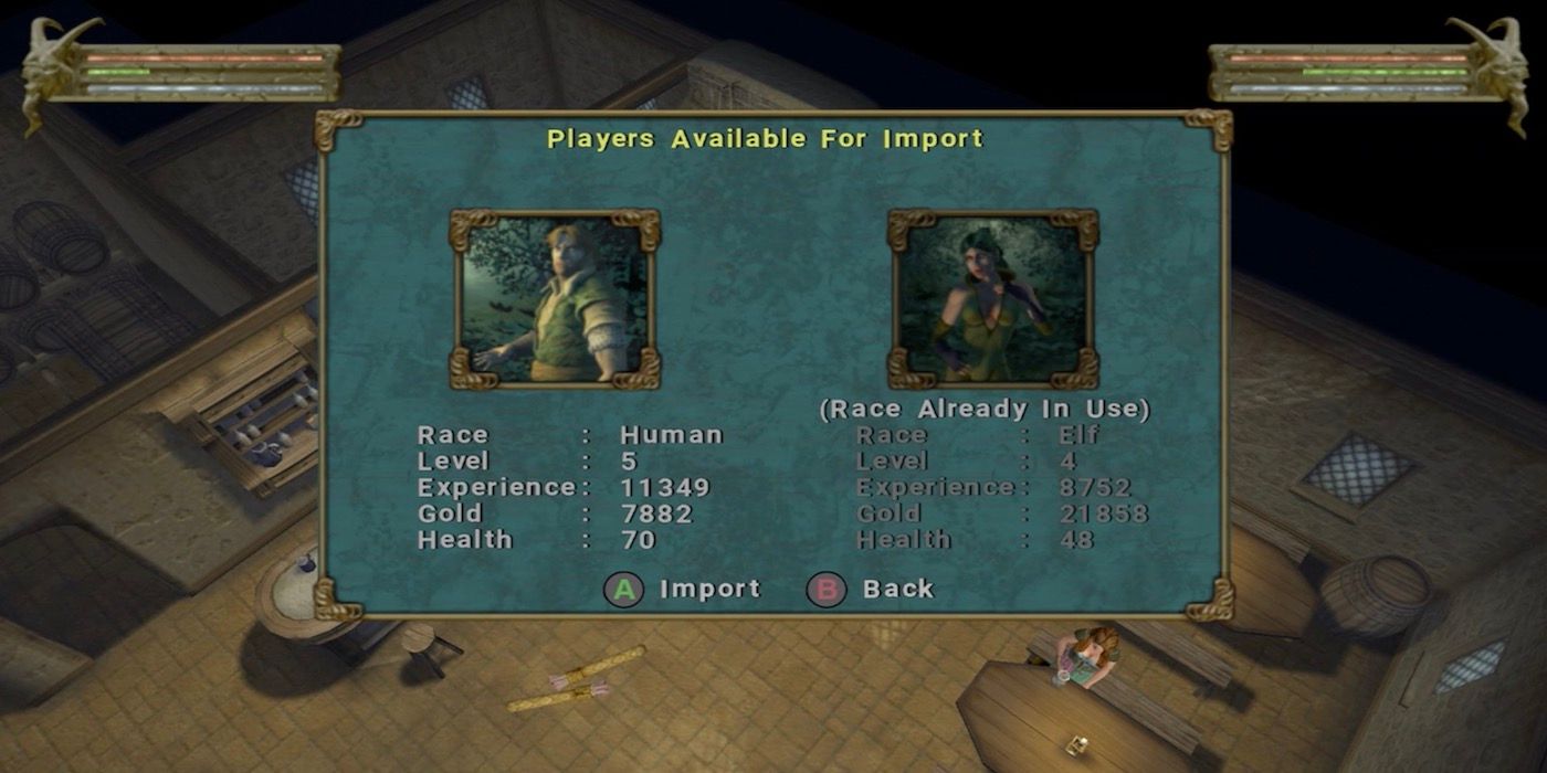 The import character menu in Baldur's Gate Dark Alliance