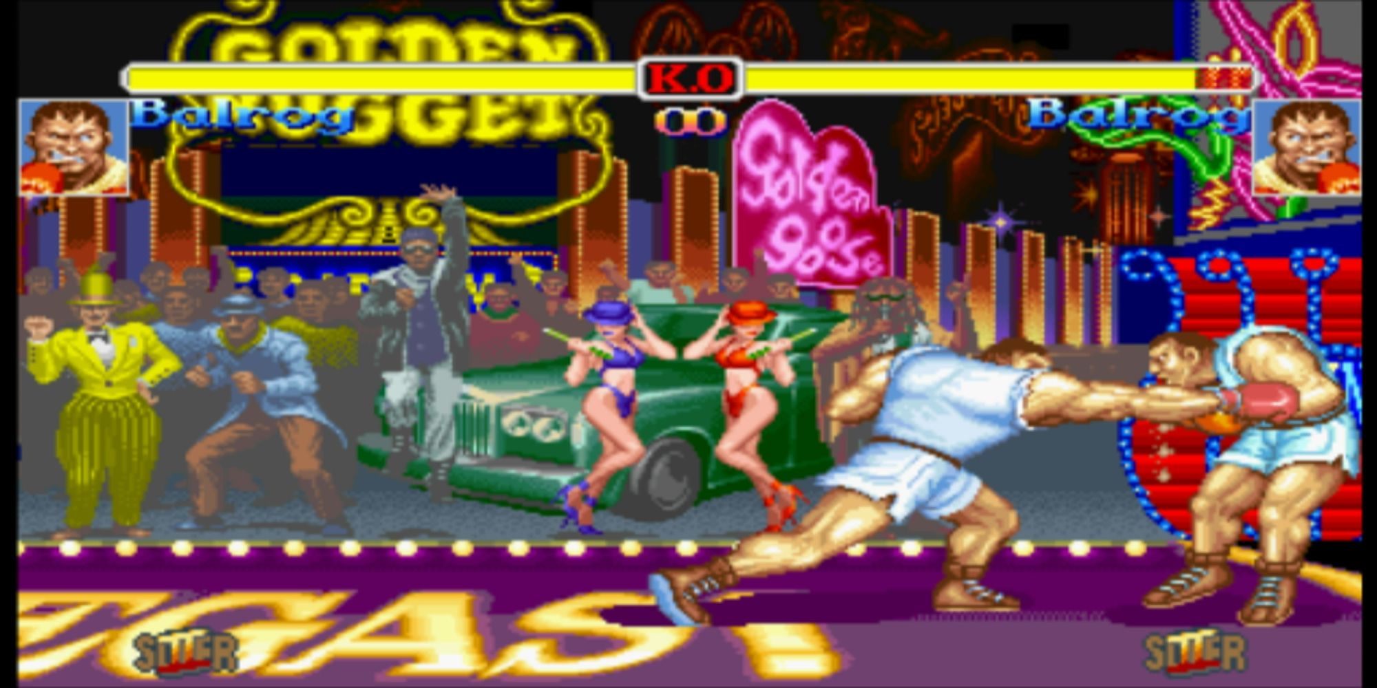 Super SF2 Balrog punches out Balrog at the High Roller Casino in Hyper Street Fighter 2.