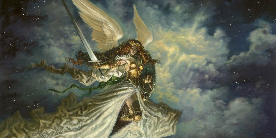 Armored angel floats through clouds