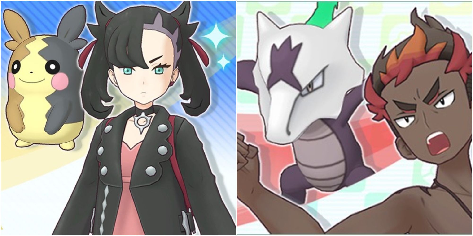 Pokemon Masters EX Battle Villa Sync Pairs: Marnie & Morpeko to the left, Kiawe & Marowak to the right.