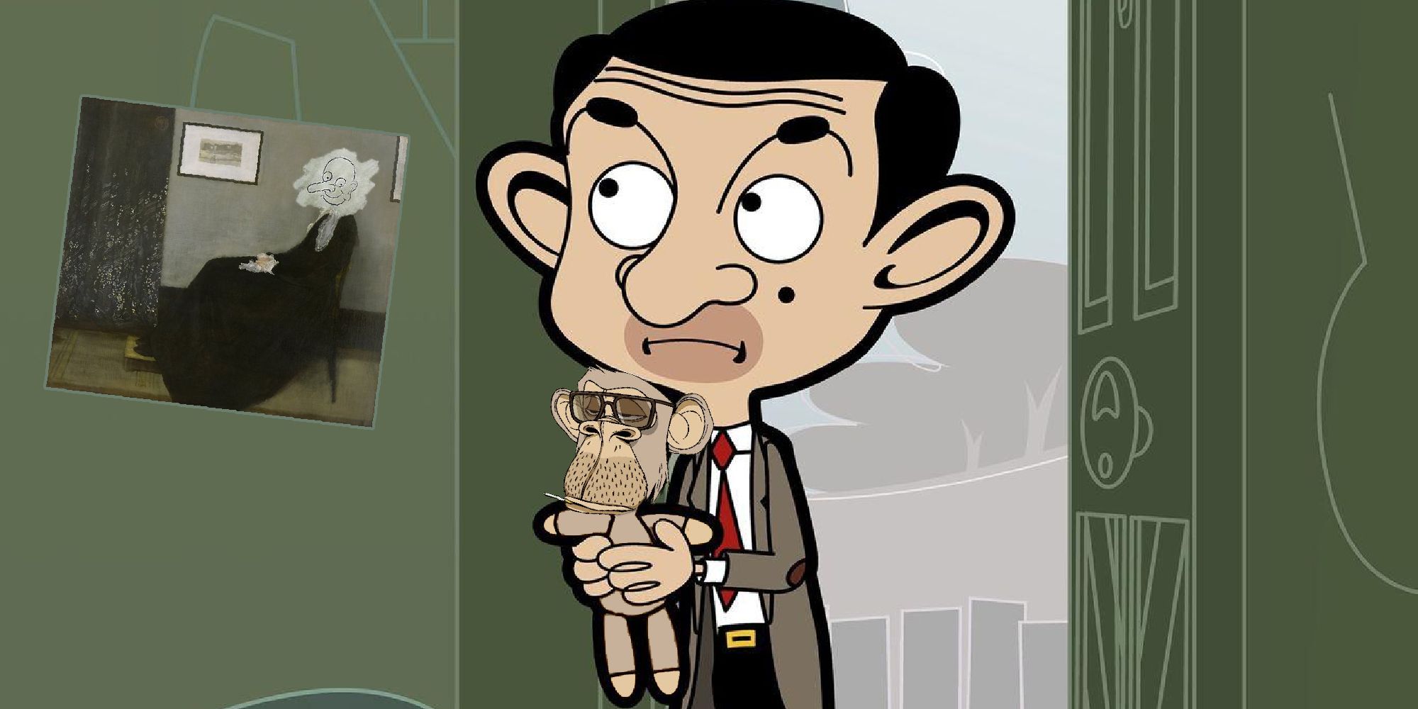 mr bean holding an nft monkey instead of teddy and looking at the ruined picture from the bean film
