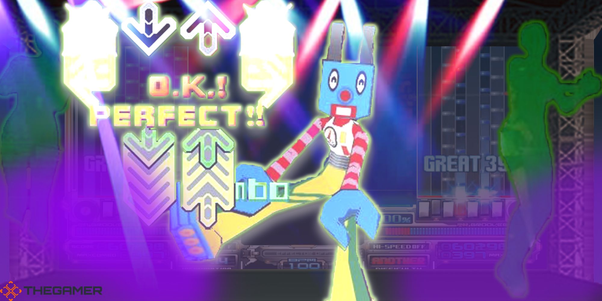 Kosento dances with two holographic background dancers while beatmania footage plays on a massive projector screen at a Bemani music festival. Custom image for TG.