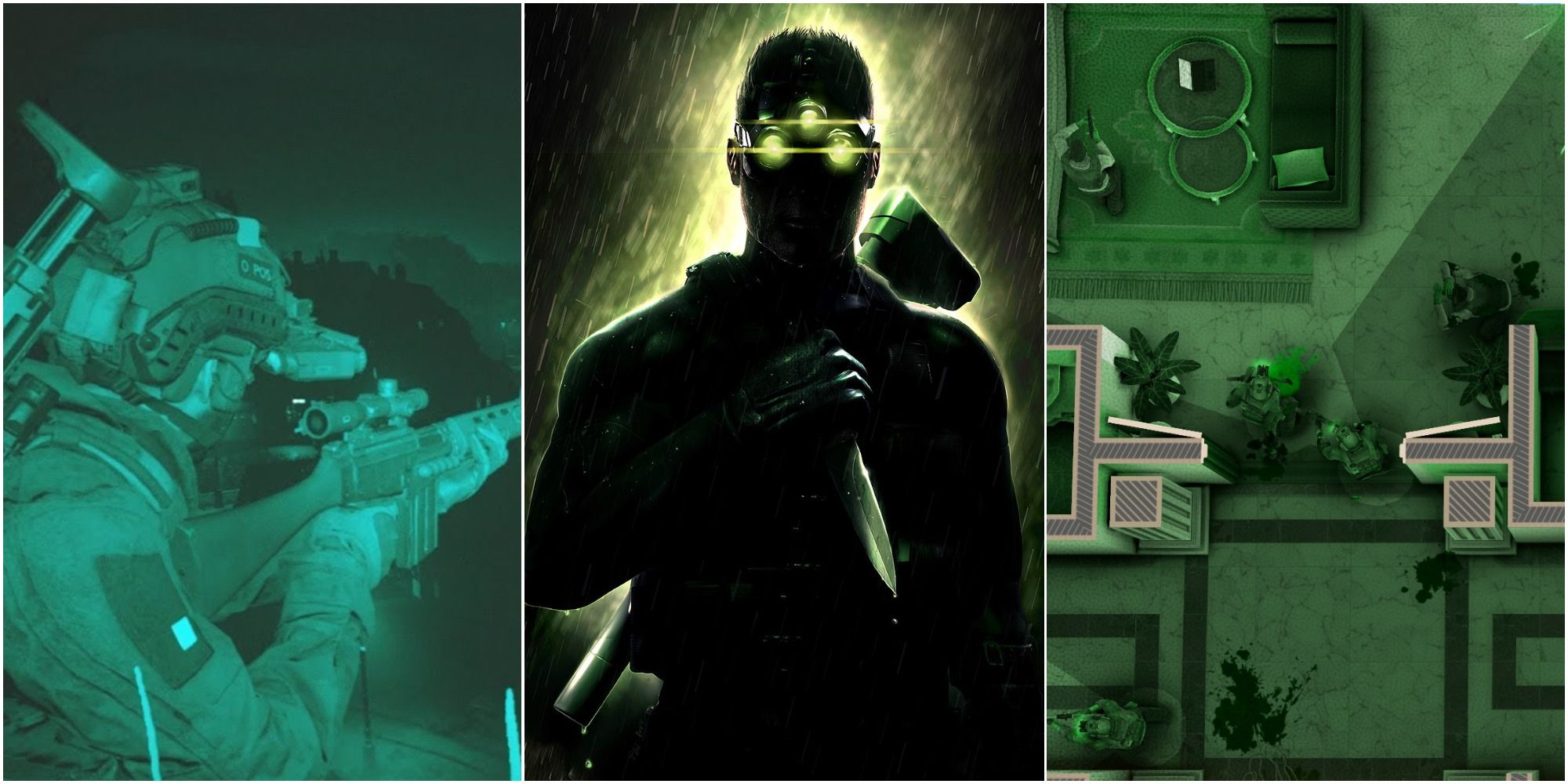 Best Games With Night Vision Featured Image showing CoD Modern Warfare, Sam Fisher, and Door Kickers 2
