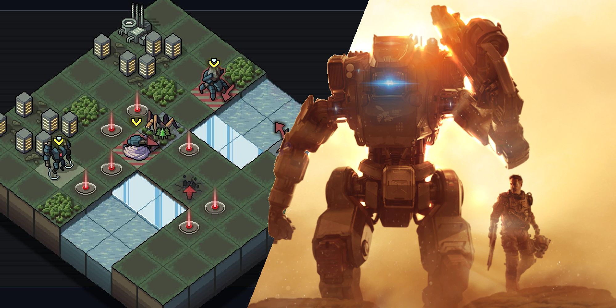 Best Mech Game Featured Image (showing both Into The Breach and Titanfall 2)