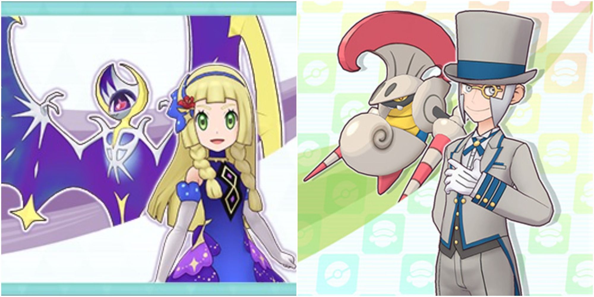  Lillie & Lunala and SC Emmet & Escavalier from Pokemon Masters EX smiling with their partner Pokemon