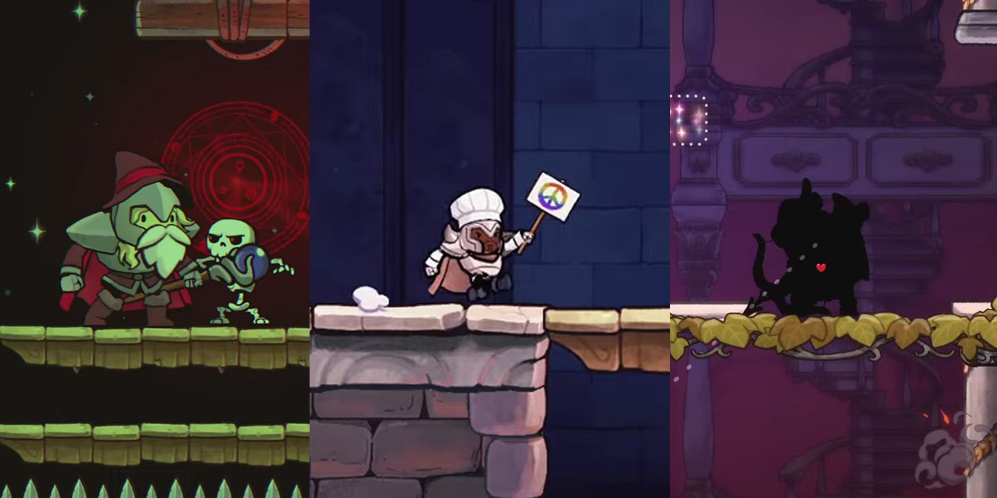 Rogue Legacy 2 screenshots of a Mage with the Gigantism trait, a Chef with the Pacifist trait, and a Ranger with the Disattuned trait