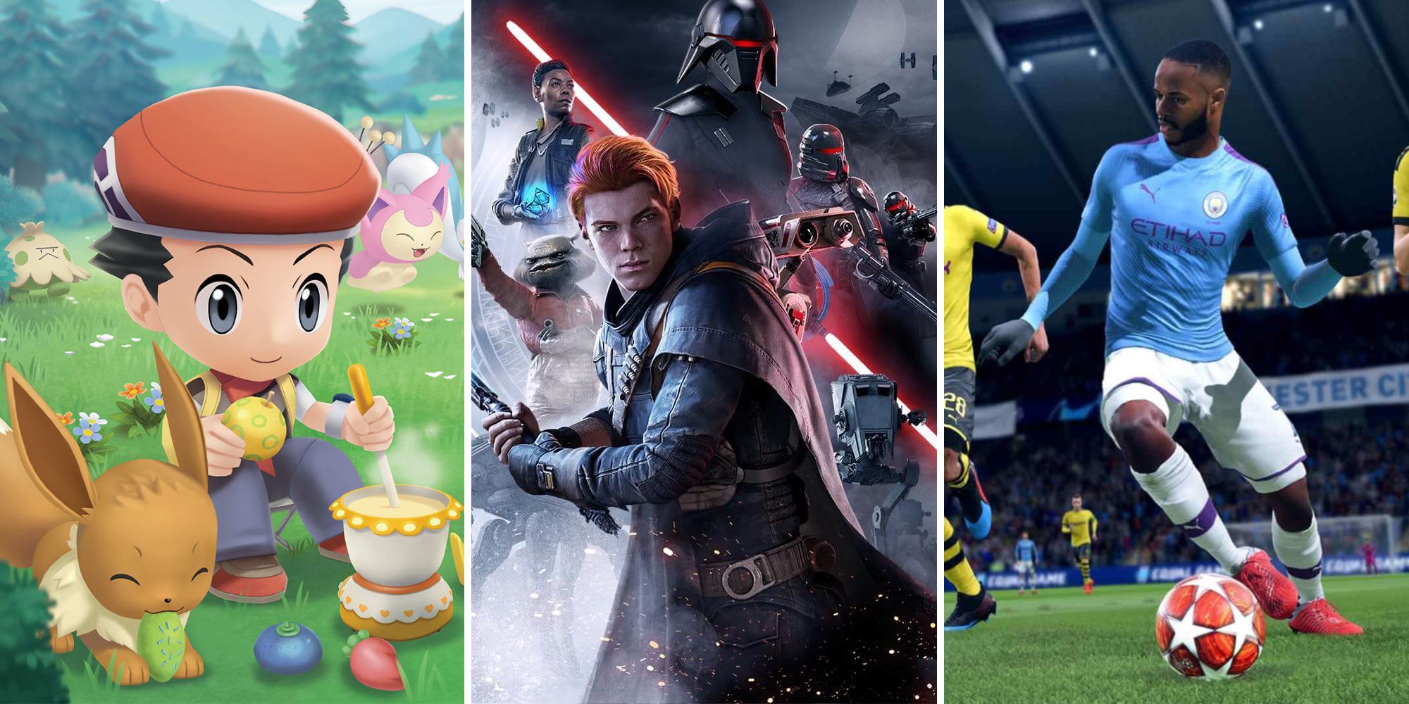 A Pokemon trainer and an Eevee, a bunch of characters from Jedi Fallen Order, and Raheem Sterling playing football.