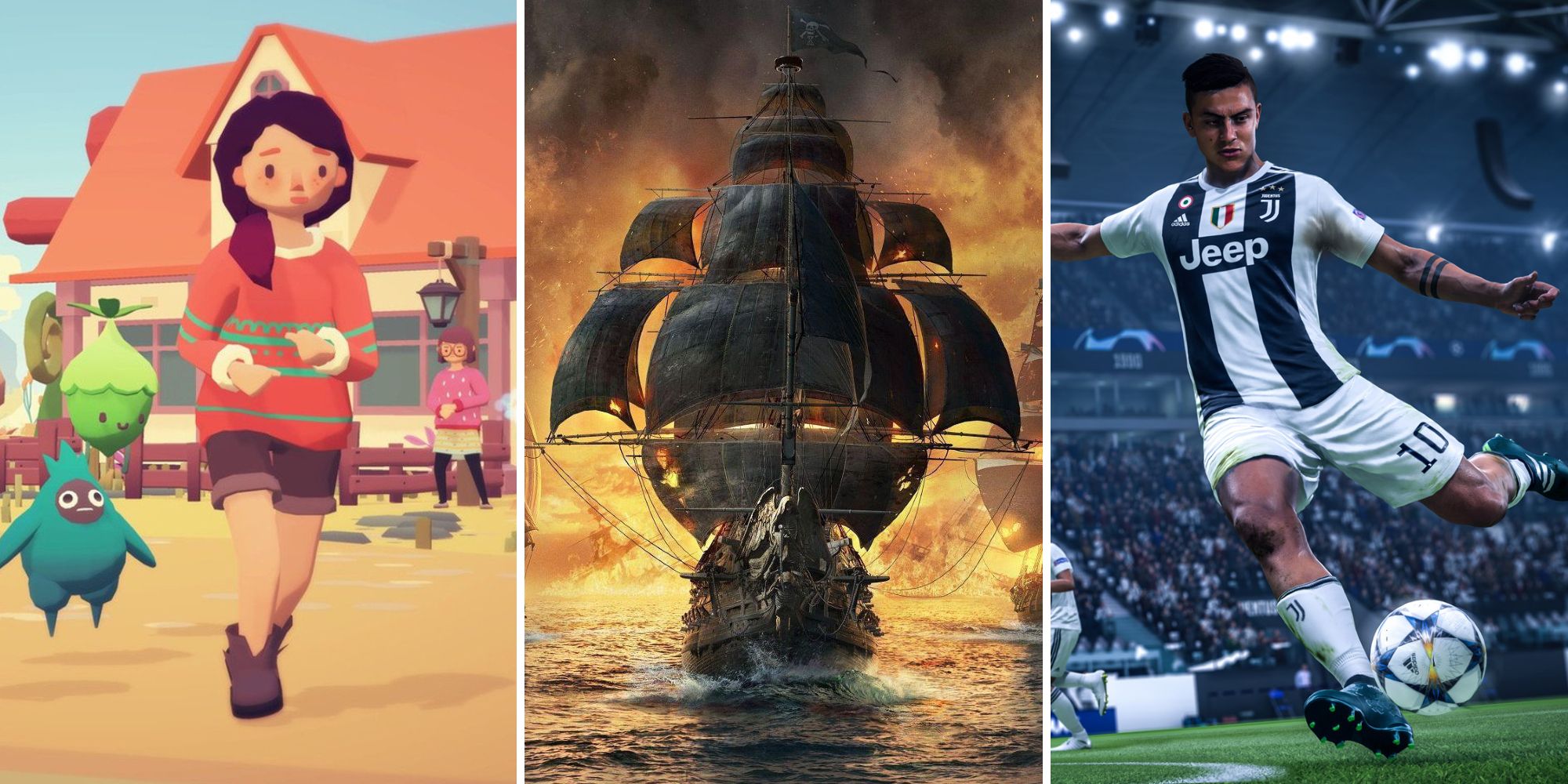 Main character from Ooblets, a ship fom Skull and Bones, and Paulo Dybala from FIFA.