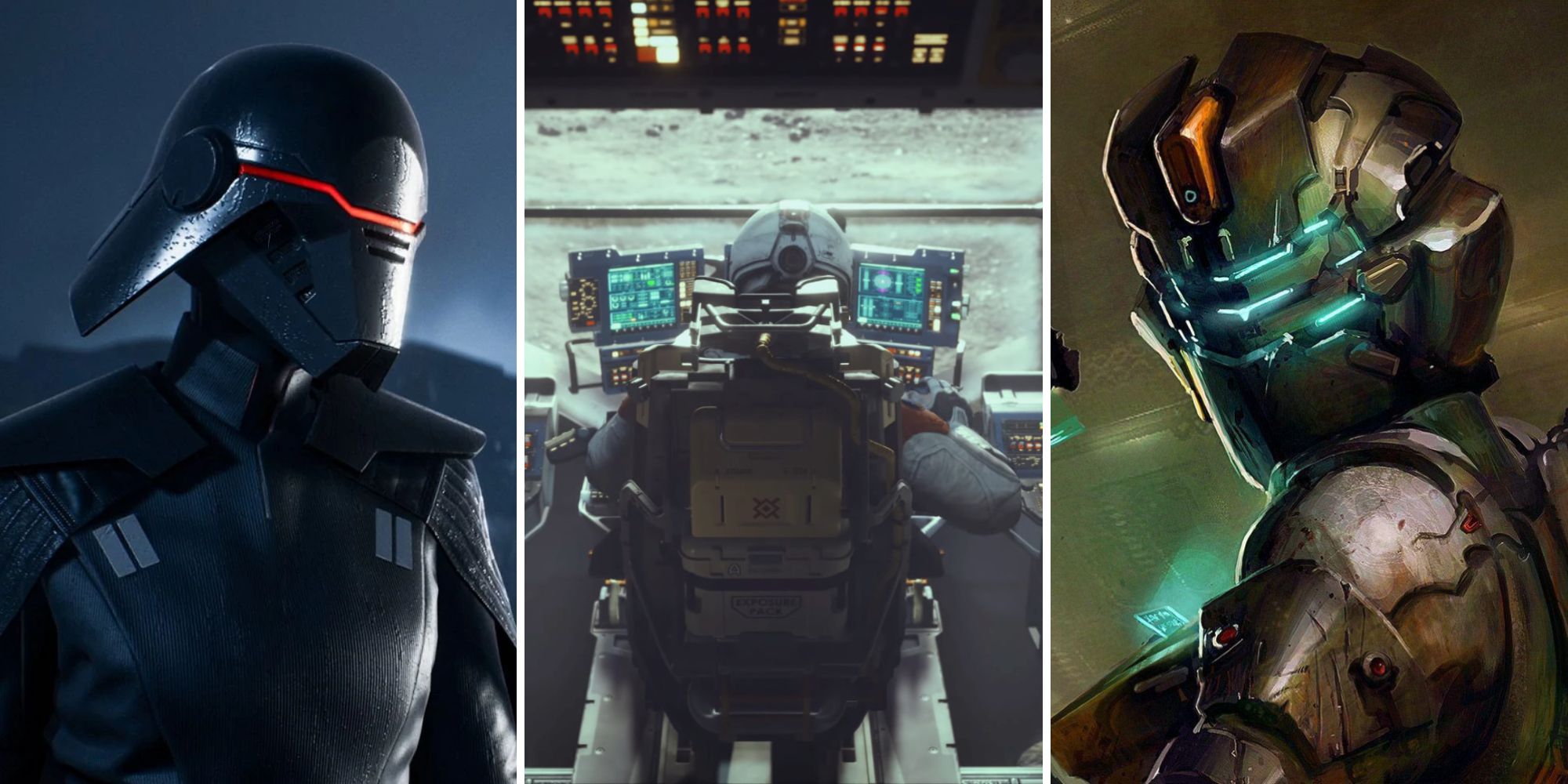The Second Sister from Jedi: Fallen Order, an astronaut in a ship cockpit in Starfield, and Isaac from Dead Space