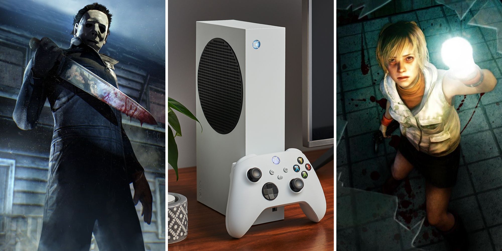 Mike Myers in Dead by Daylight, and Xbox Series S, and the main character of Silent Hill 3