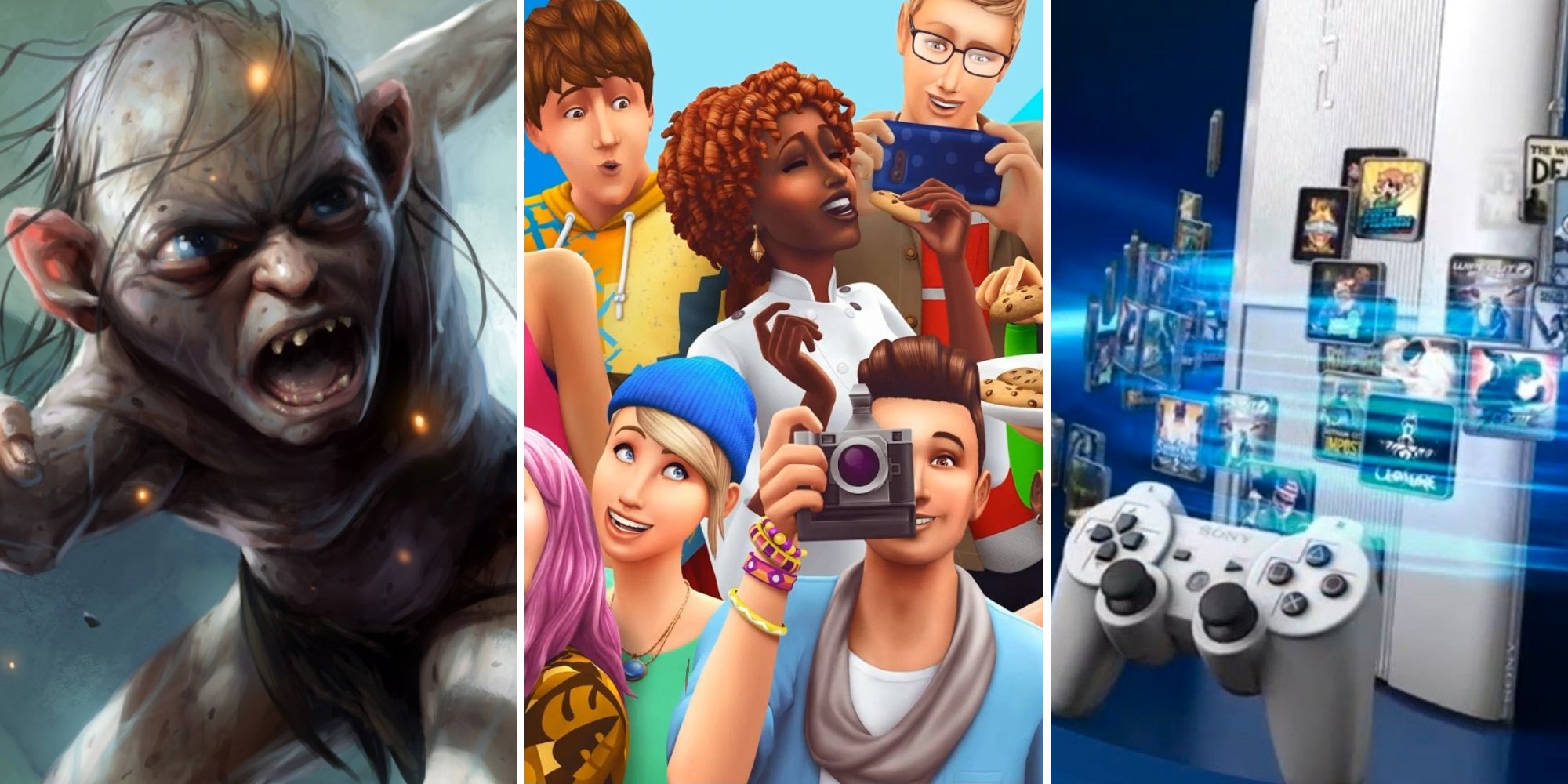 Gollum, characters from The Sims 4, and a PS3.