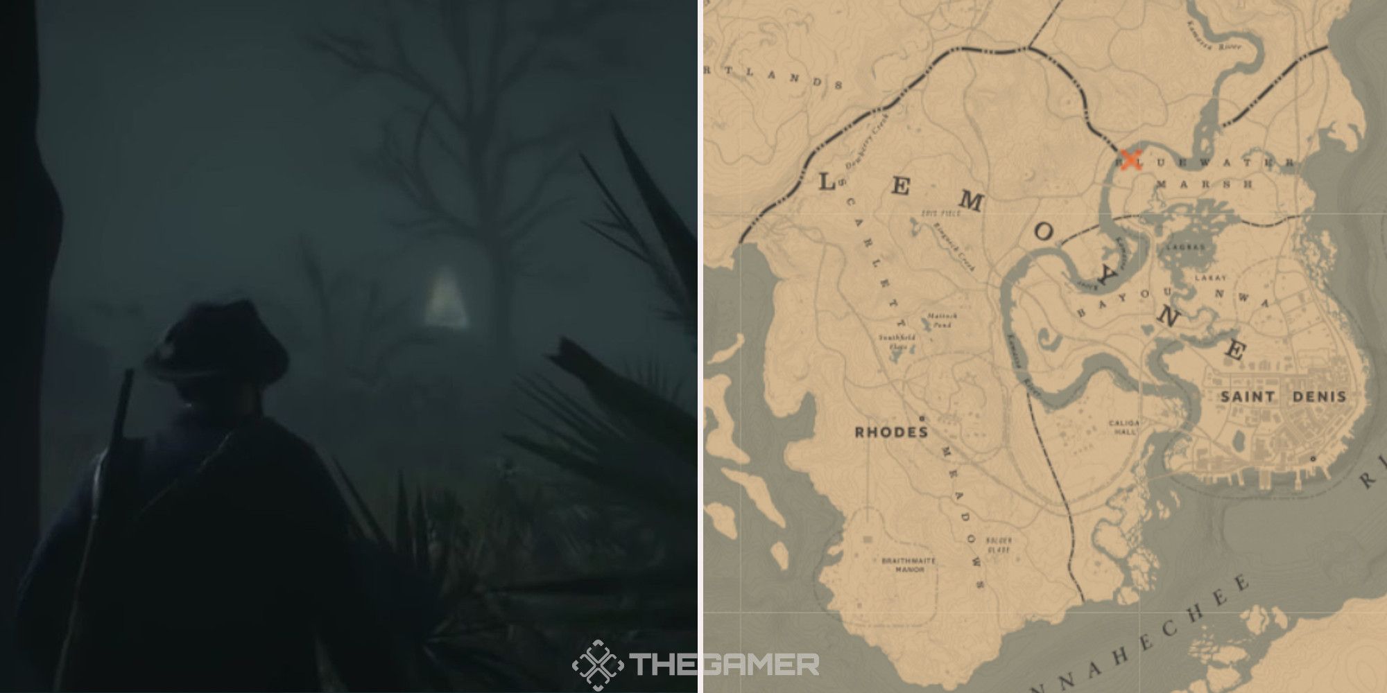 The ghost of Bluewater Marsh, next to an image of where it can be found marked on the map.