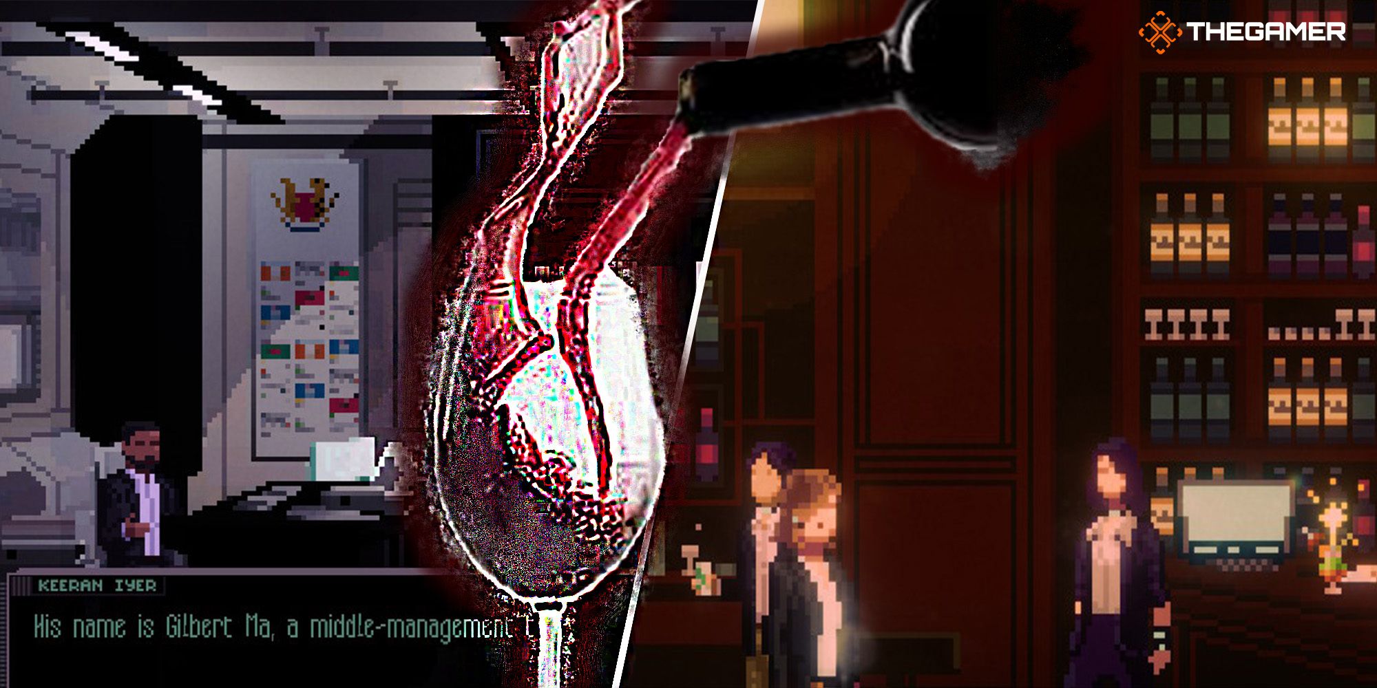 [Panel 1] Keeran Iyer briefs Amira in his office about her mission to bribe Gilbert Ma. [Panel 2] Amira has a heated exchange with Laetitia at Wine Haus. [Foreground] A pixelated bottle of wine pouring into a glass. Custom image for Chinatown Detective Agency.