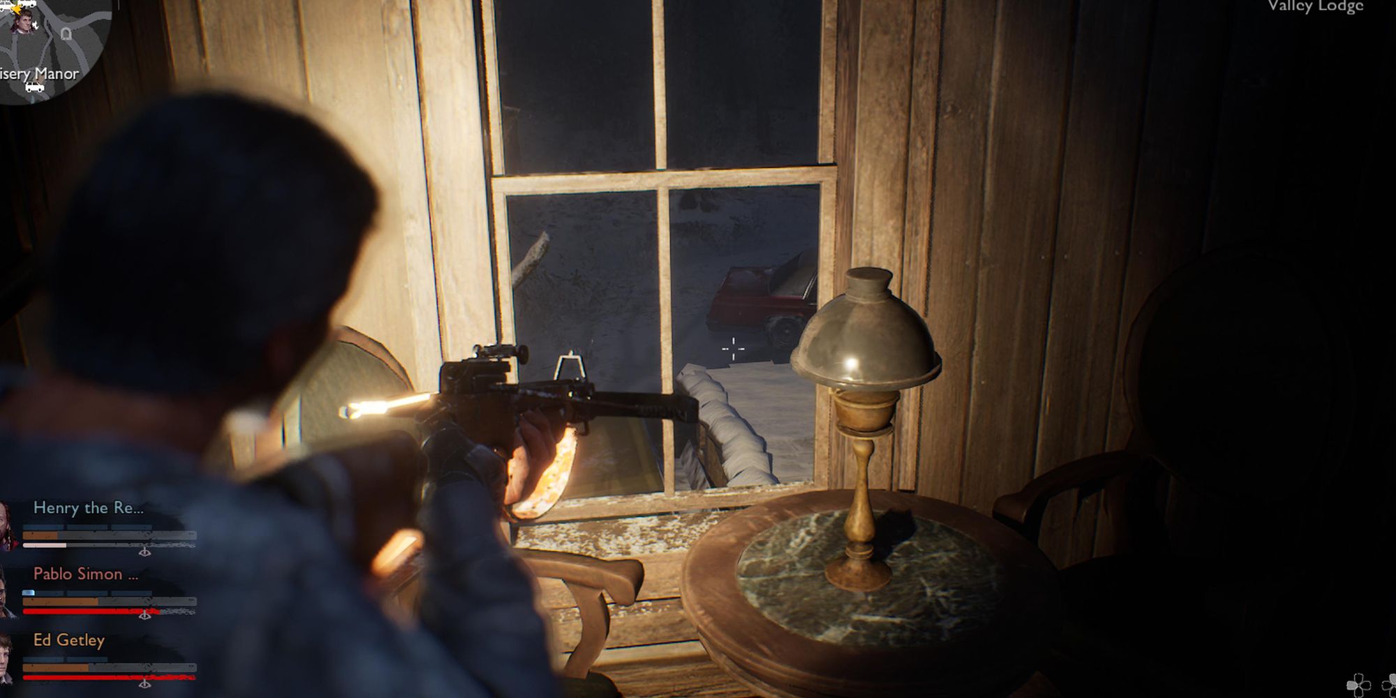 Evil Dead The Game Ash aiming at a window with a crossbow.