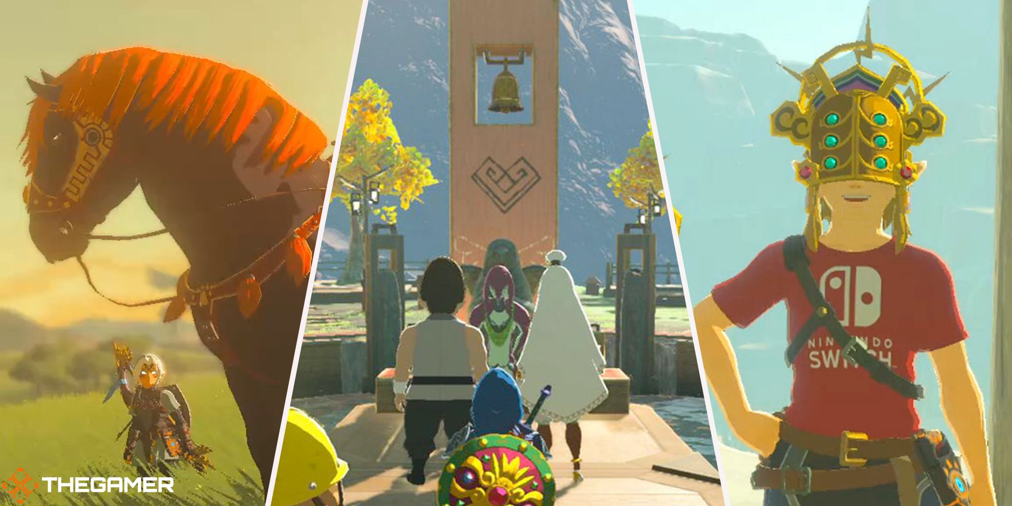 Breath of the Wild - Giant horse (left), tarry town (centre), link in the thunder helm (right) 2