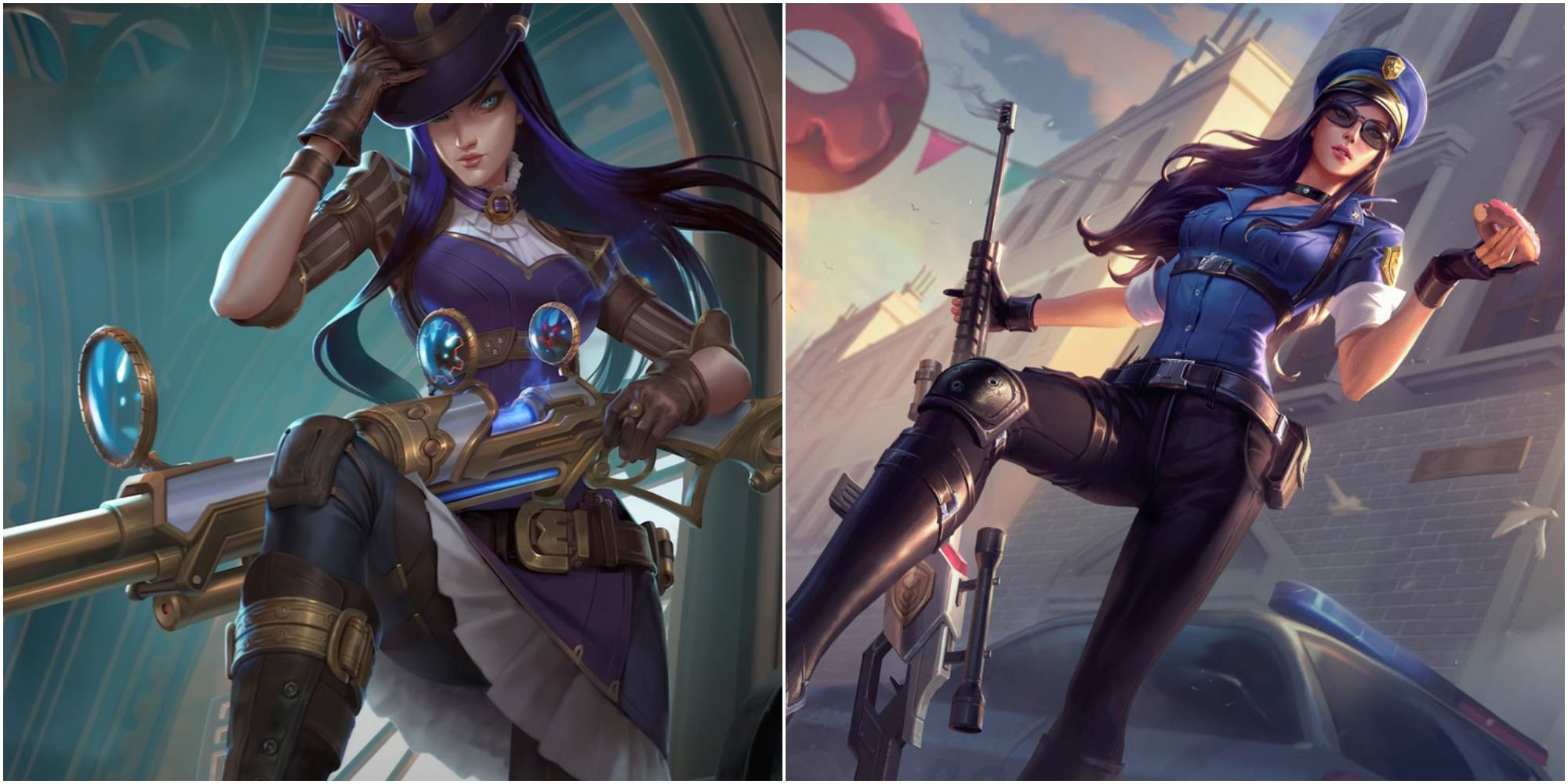 Caitlyn, The Sheriff of Piltover inside a clock tower tipping her hat and in her officer skin holding a donut with shades