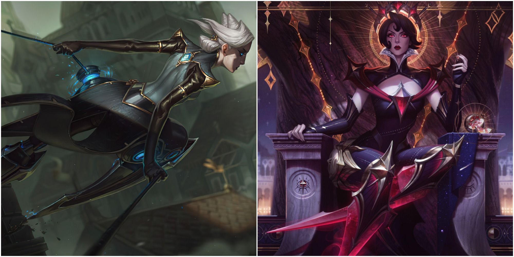 Camille The Steel Shadow overlooking Piltover from great heights and seated in a chair in her Arcana skin looking wise