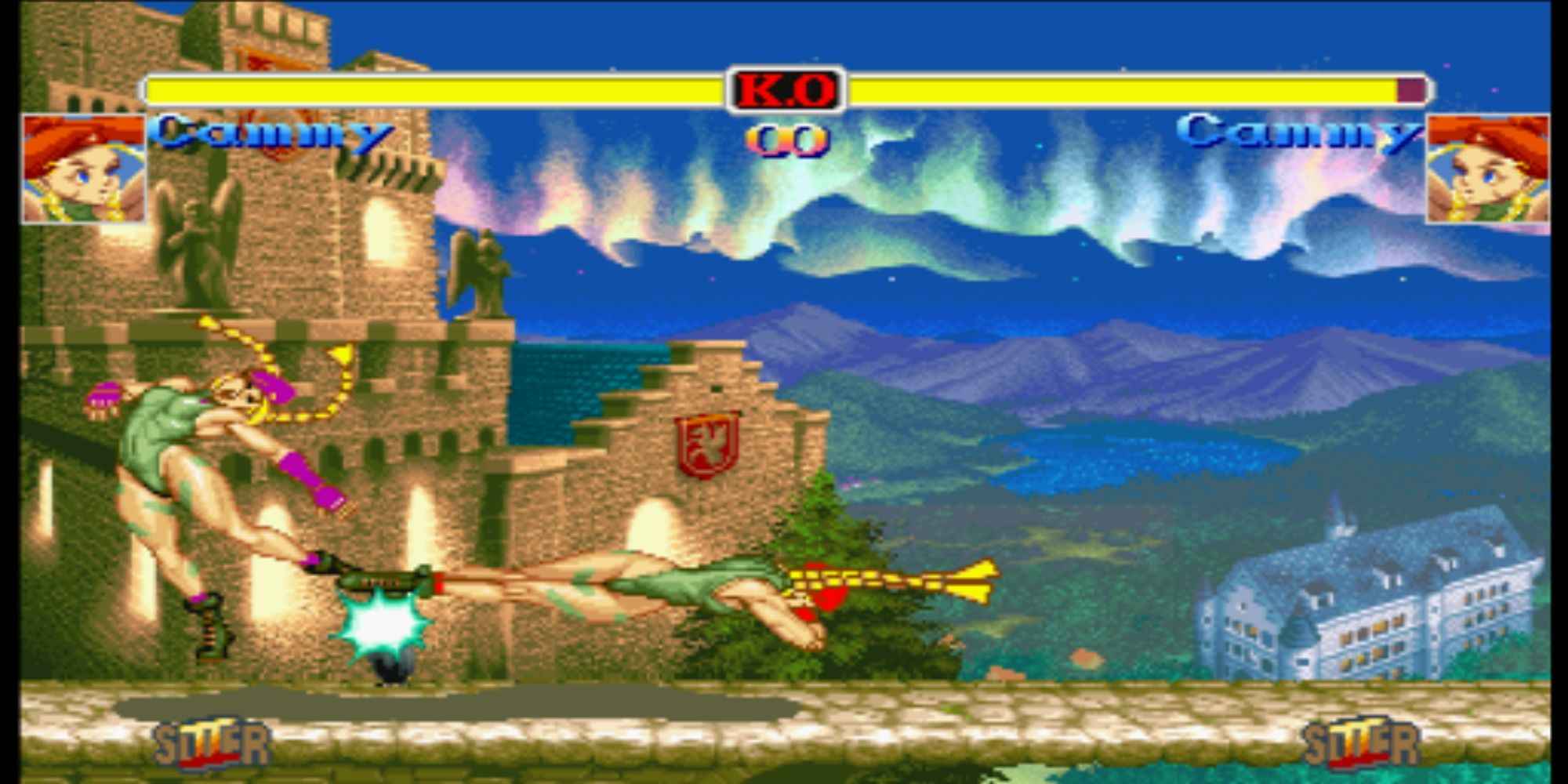 Super SF2 Cammy hits Cammy with a Cannon Spike at an English Manor in Hyper Street Fighter 2.