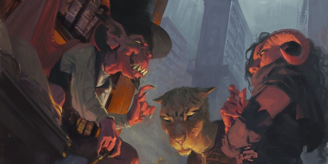 A goblin in a top hat makes a deal between the adventurers Tiefling and Tabaxi
