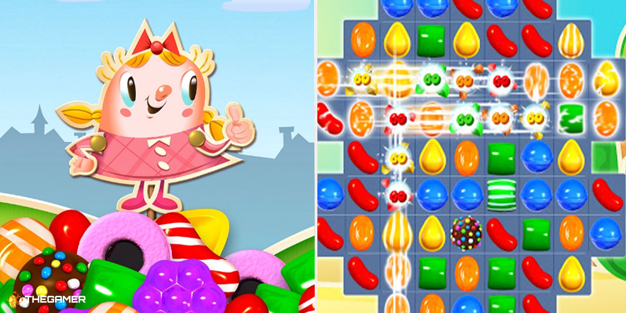 Candy Crush - mascot on left, game board on right