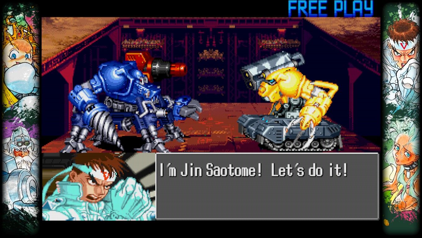 Cyberbots' Jin Saotome speaking during a scene in arcade mode.