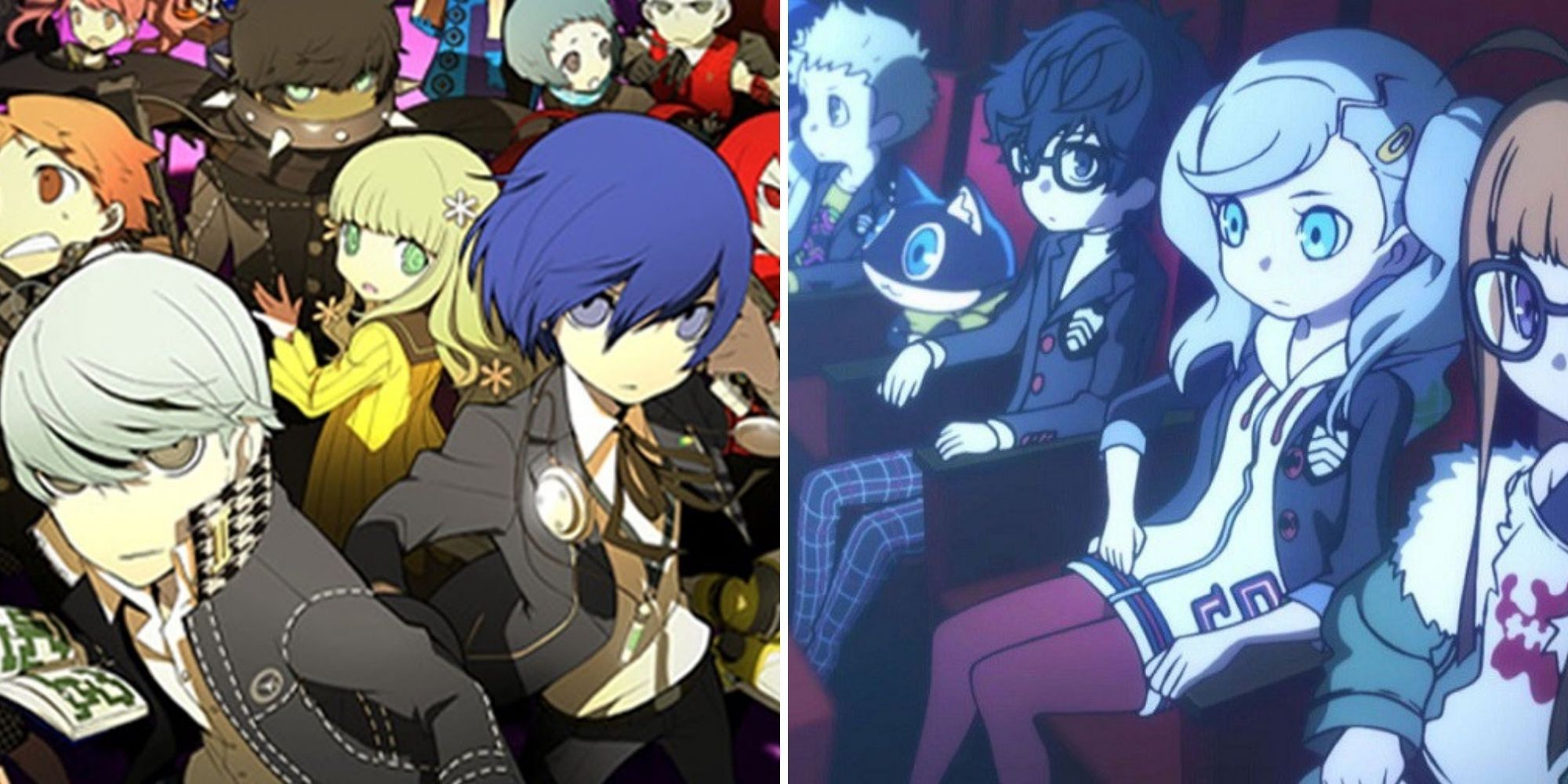 Characters from Persona 3 and 4 stand together while the Persona 5 cast watch a movie together