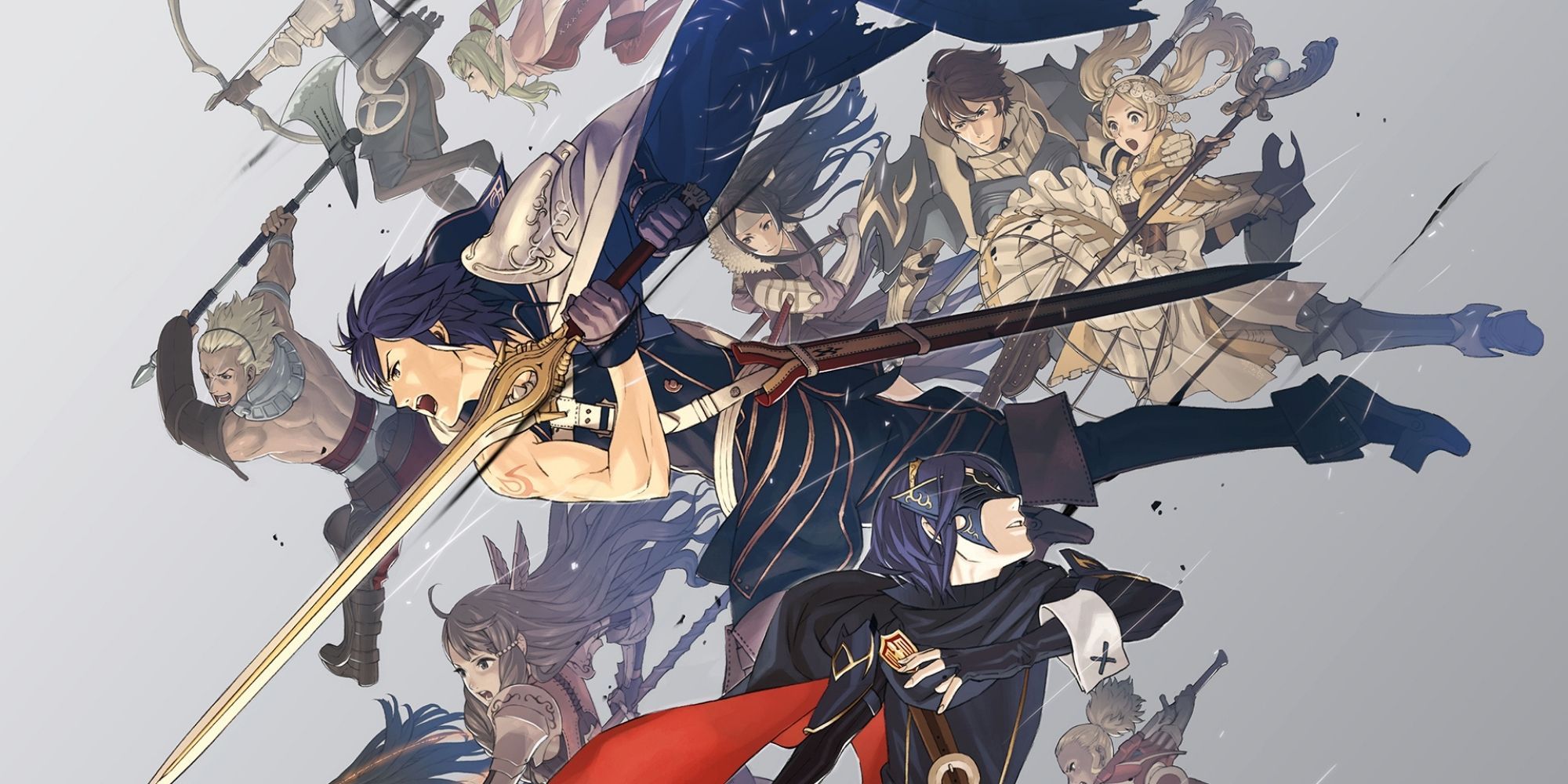 Chrom, Lucia, Lissa, Vaike, and more characters from Fire Emblem Awakening fall from the sky