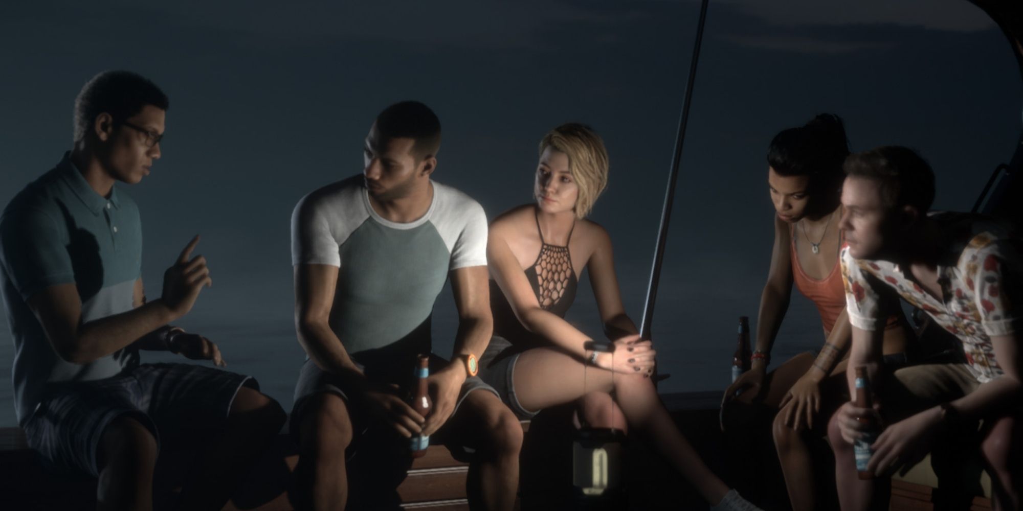 Man of Medan Brad, Alex, Julia, Fliss, and Conrad Chat On A Boat At Night
