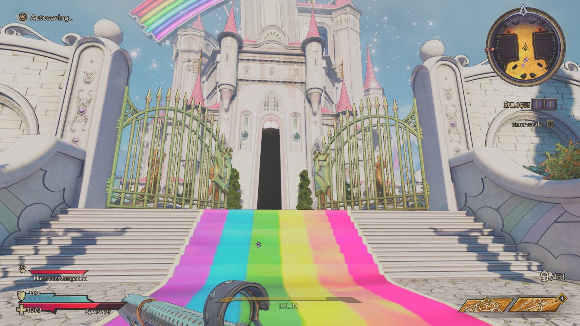 A player walks up the rainbow steps to Castle Sparklewithers in Brighthoof