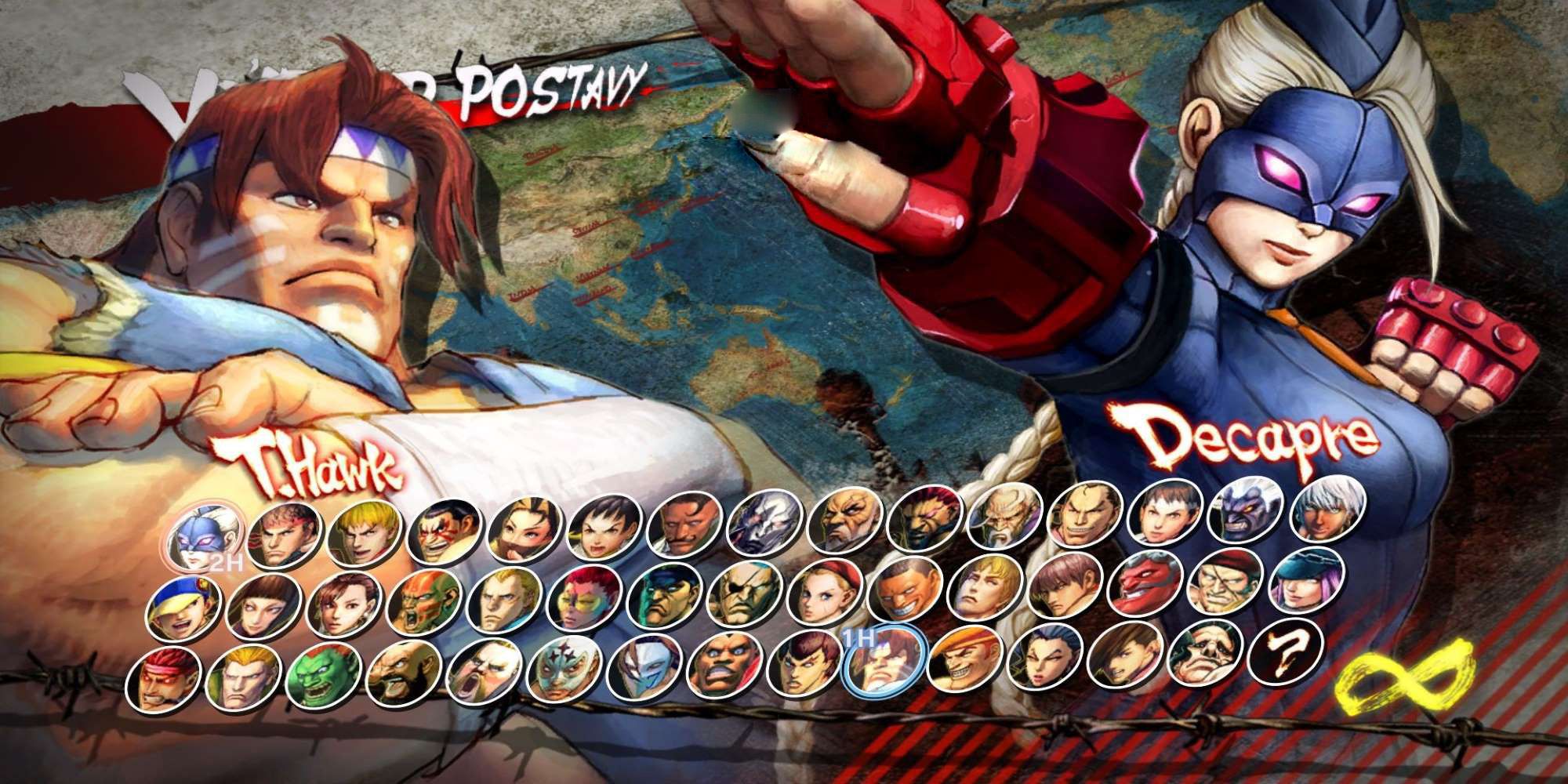 Forty-four world warriors grace a map in Ultra Street Fighter 4's character select screen. Player 1 has chosen T Hawk. Player 2 has chosen Decapre.