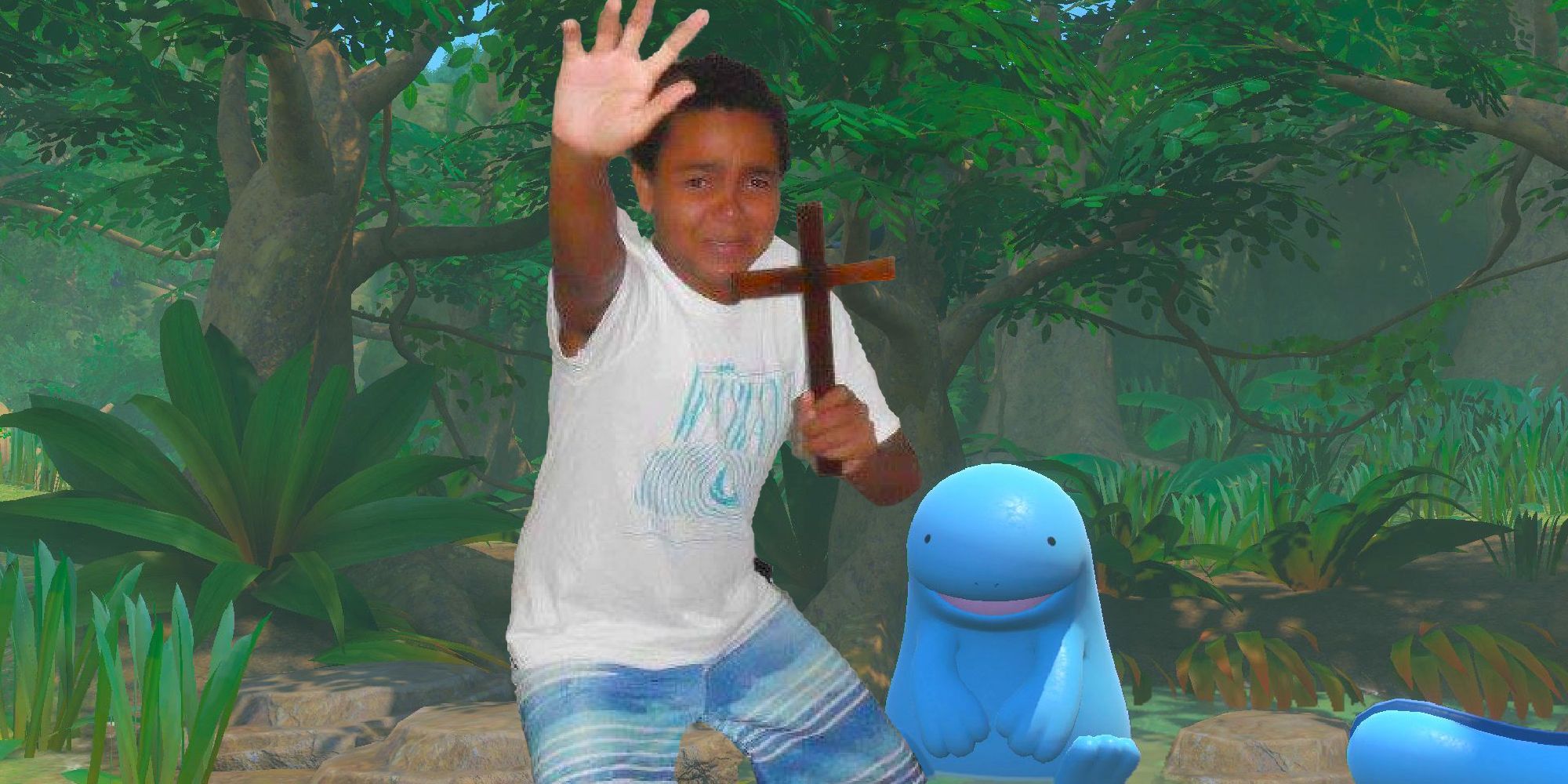 a man with a crucifix looking scared with a quagsire next to him