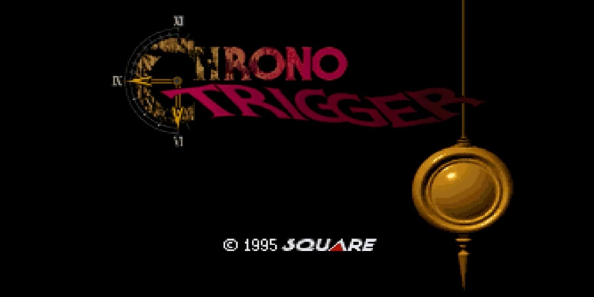 A screenshot of the Chrono Trigger title screen, showing the pendulum and title.