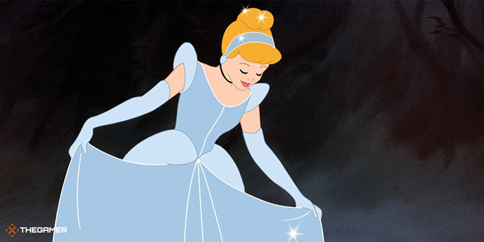 Cinderella from the 1950 film facing to the right and giving a small curtsy