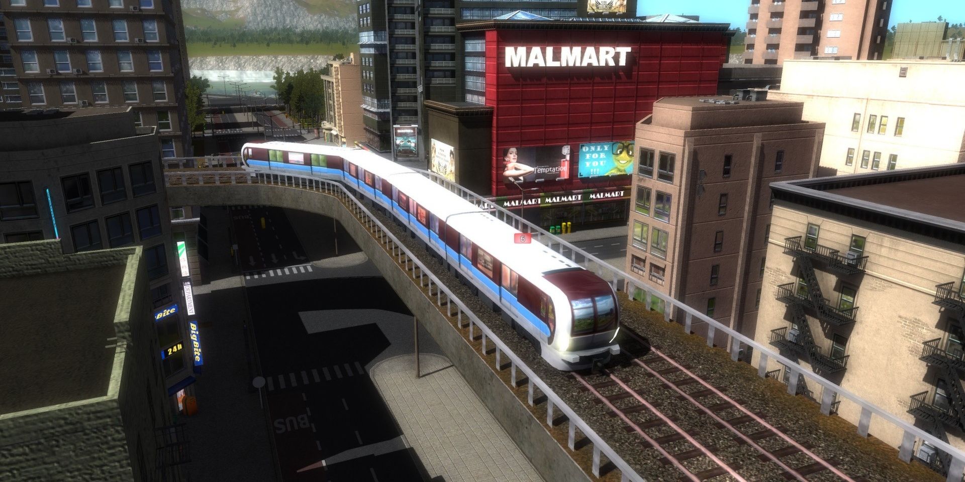 A train on a suspended railway in the middle of a city