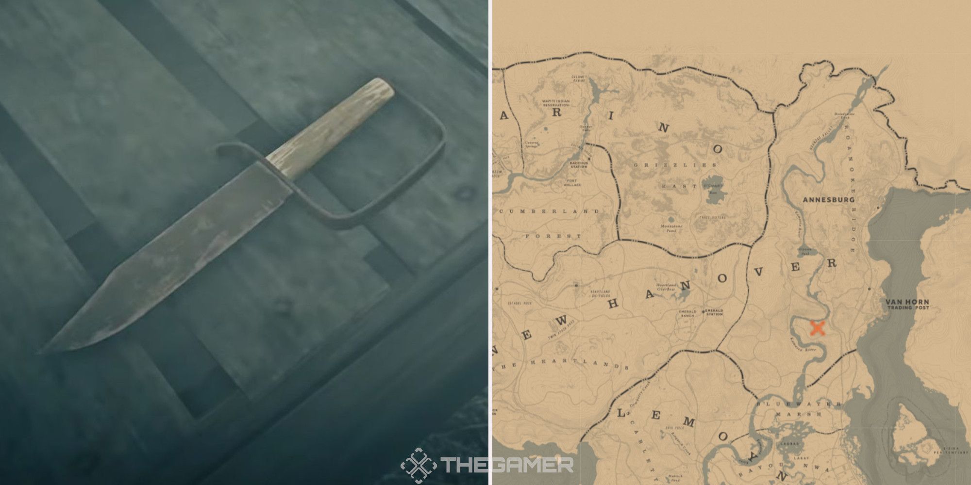 The civil war knife in Red Dead Redemption 2, next to an image of where it can be found marked on the map.