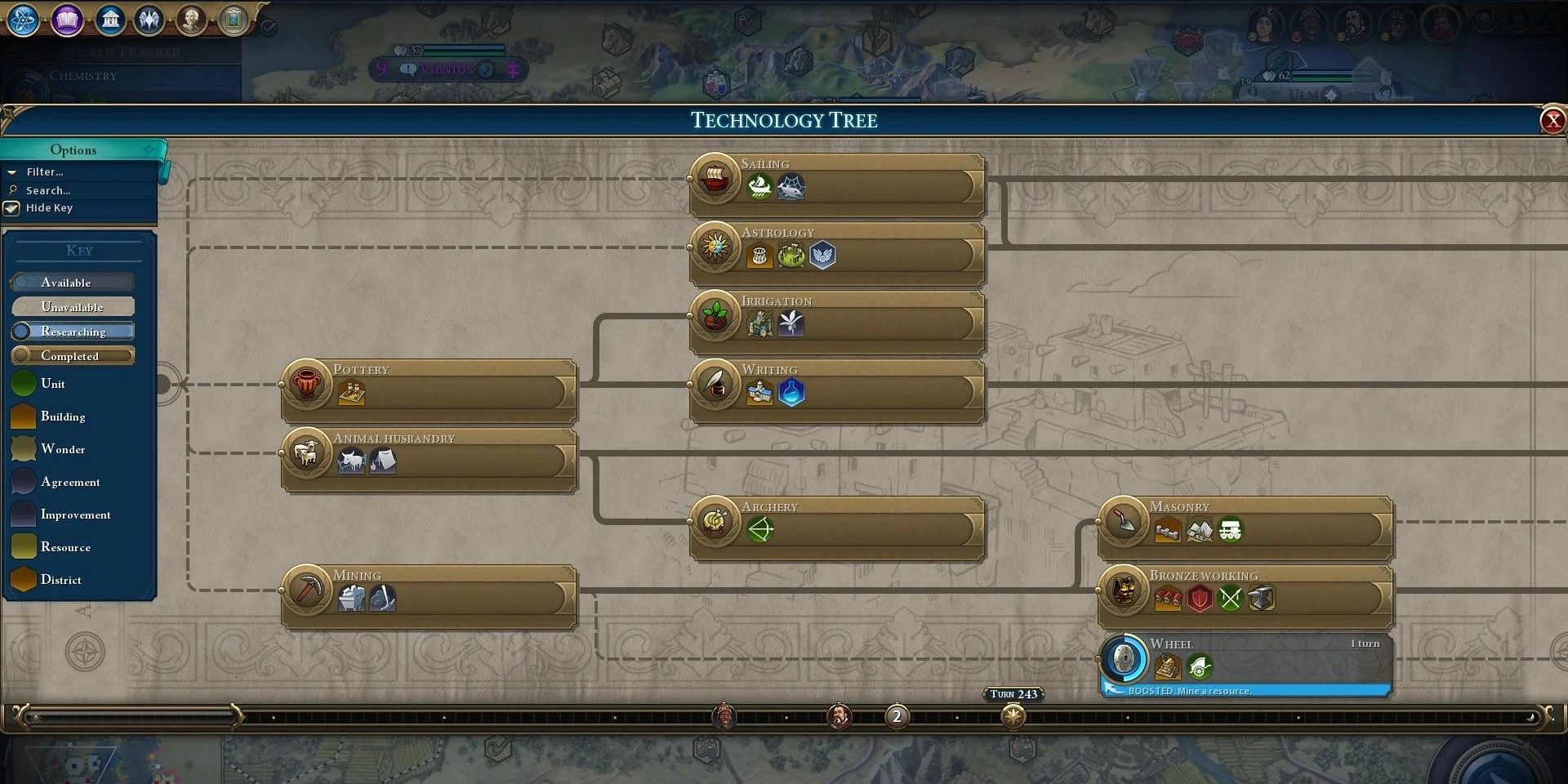 A view of the Civ 6 tech tree with some early technologies researched