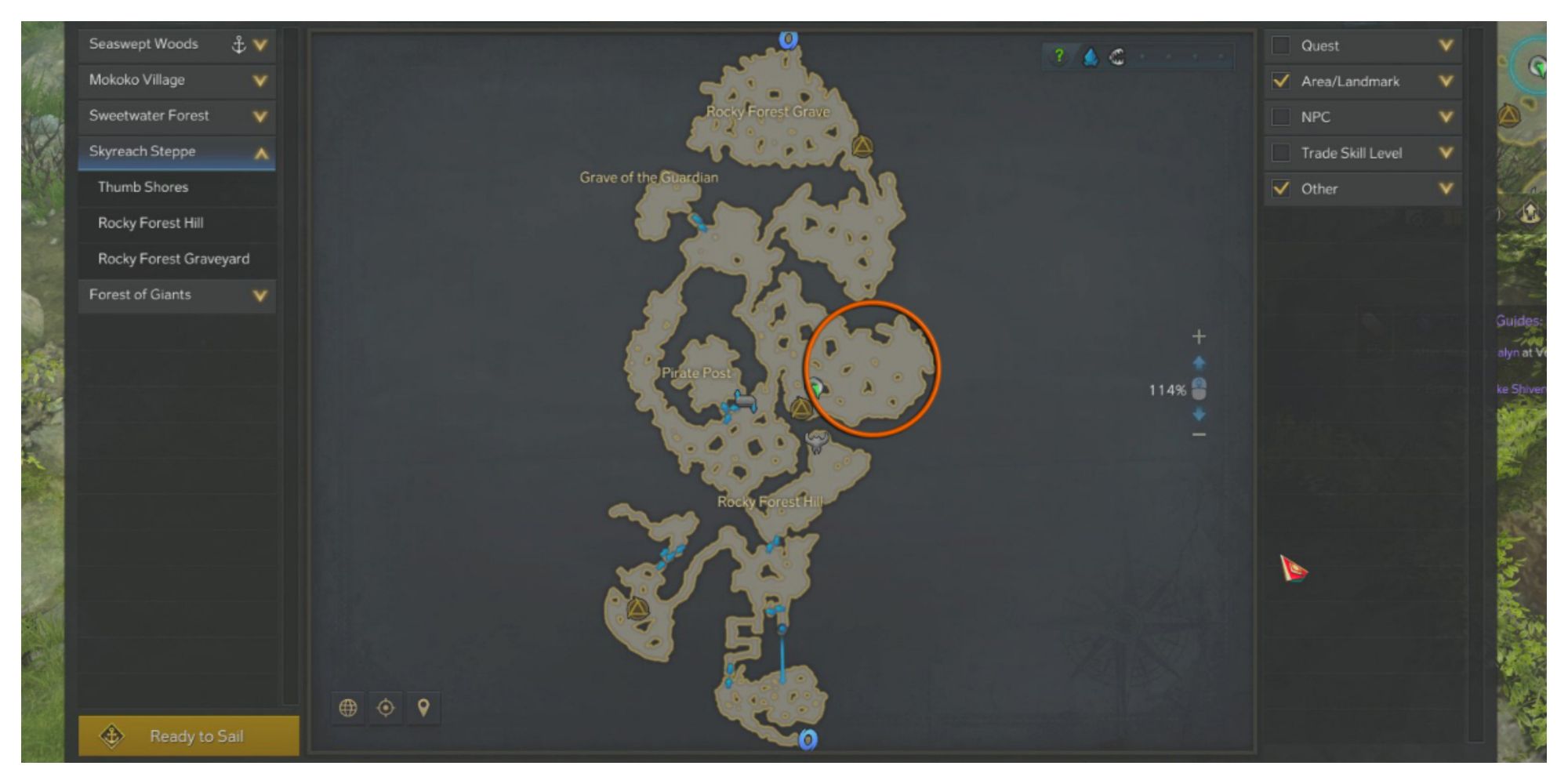 Map of Skyreach Steppe with orange circle marking location of Caspiel