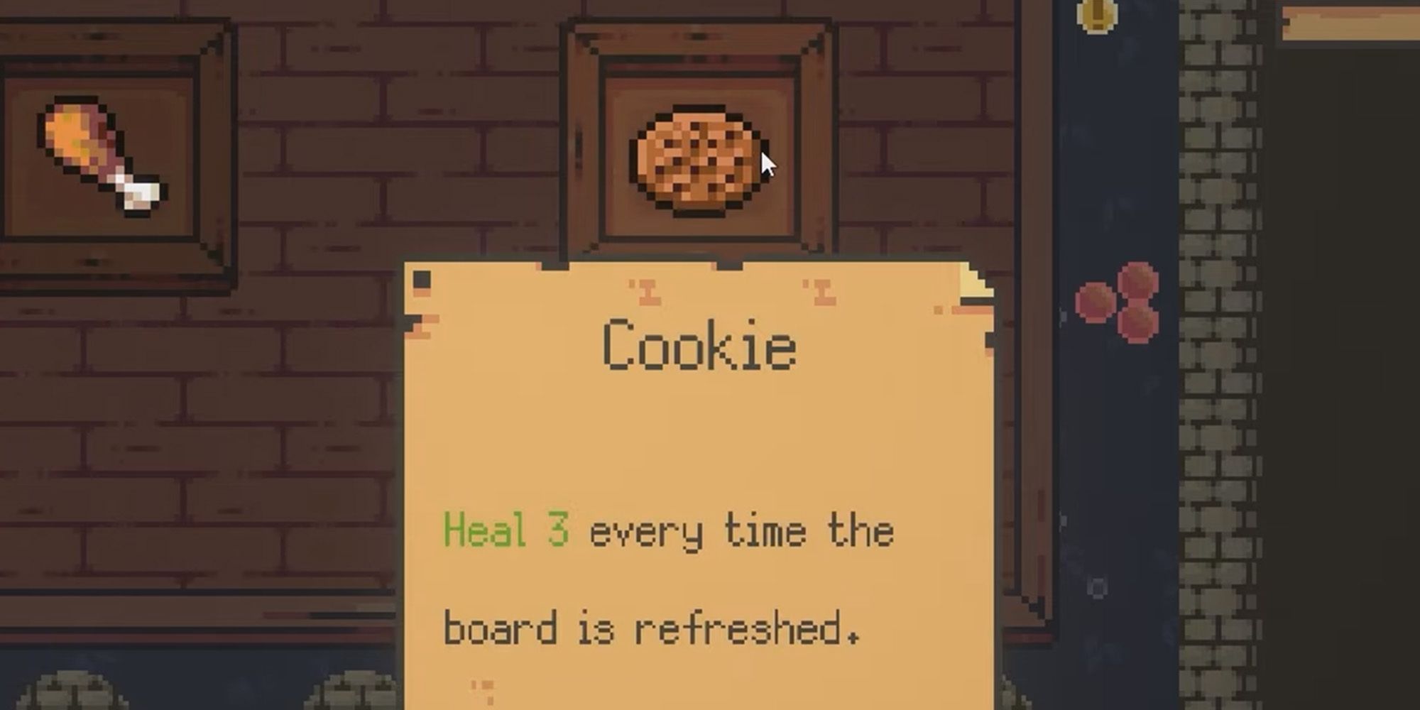 Peglin screenshot of the Cookie Relic, which looks like a chocolate chip cookie