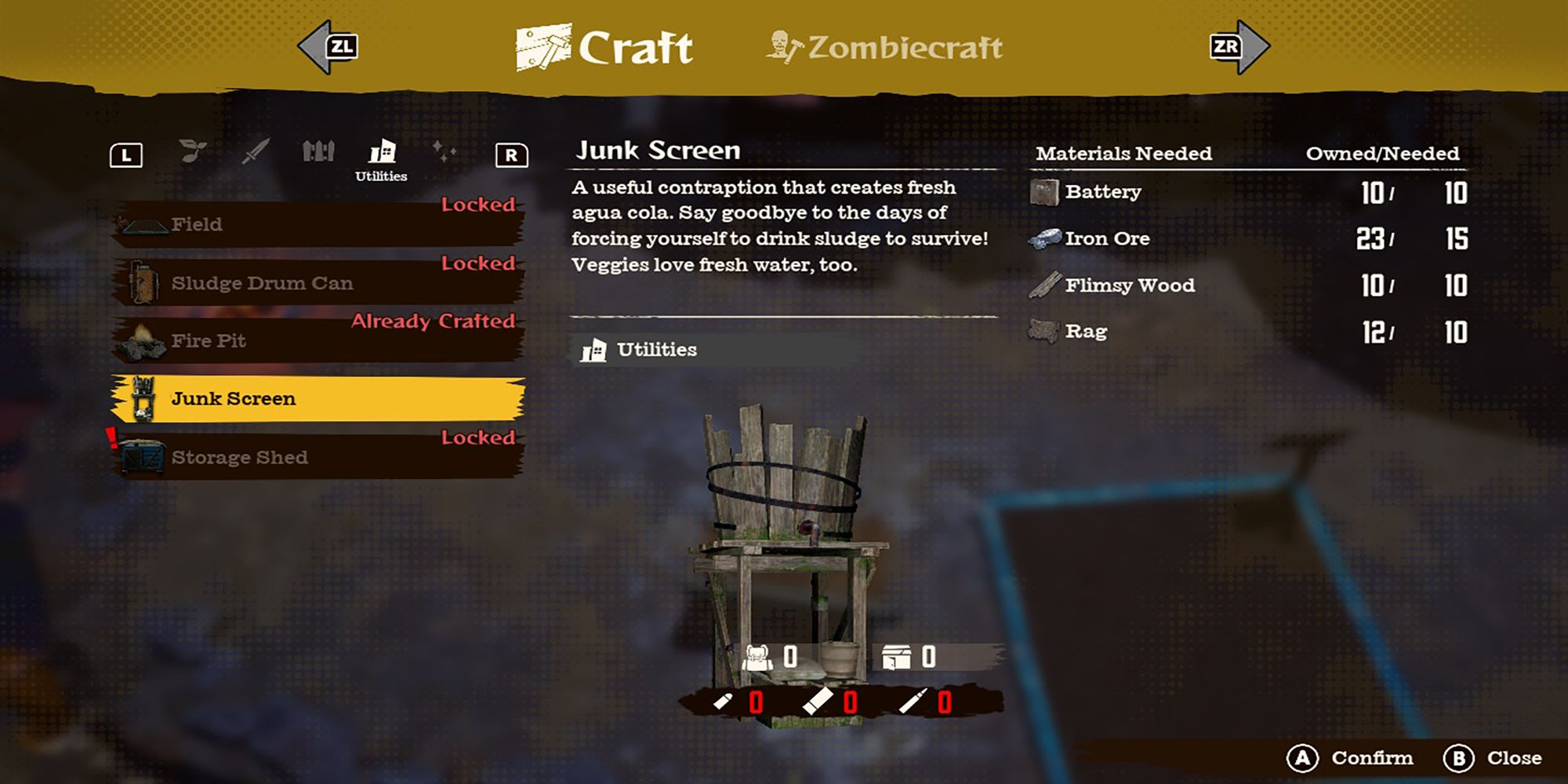 A description and recipe for the Junk Screen is displayed in Deadcraft's detailed and massive crafting table menu.
