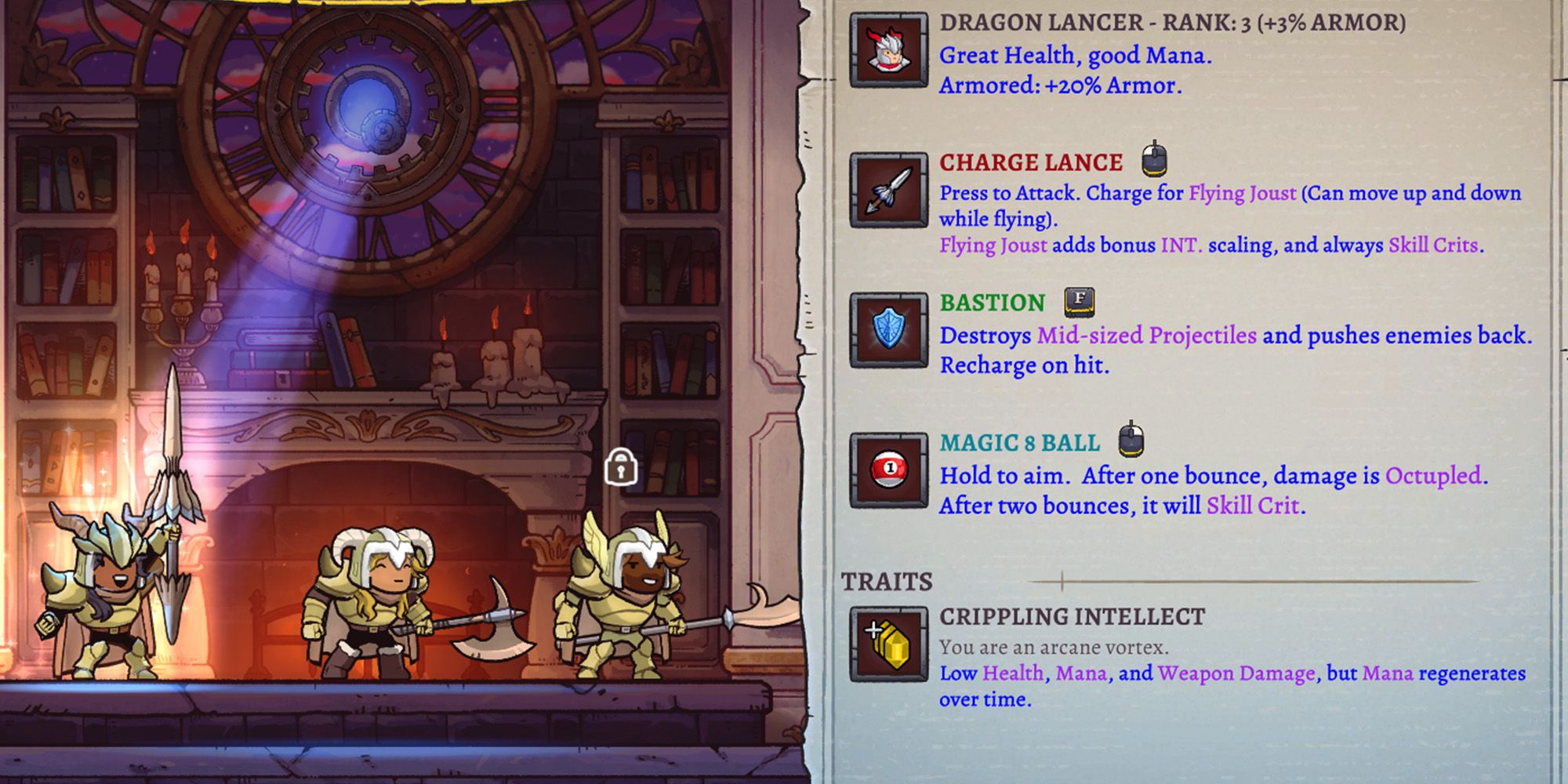 Rogue Legacy 2 screenshot of a Dragon Lancer with the Crippling Intellect trait